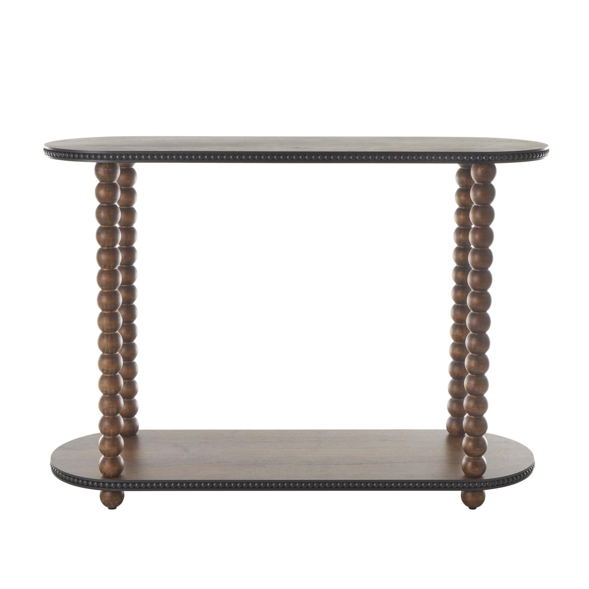 Brown Wood Oval Spindle Living Room Console Table with Beaded Edges