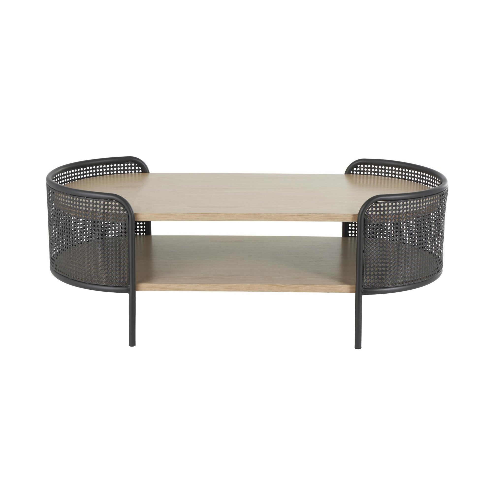 Light Brown Wooden Oval Two-Toned Living Room Coffee Table with Mesh Side Panels and Brown Wood Tabletop