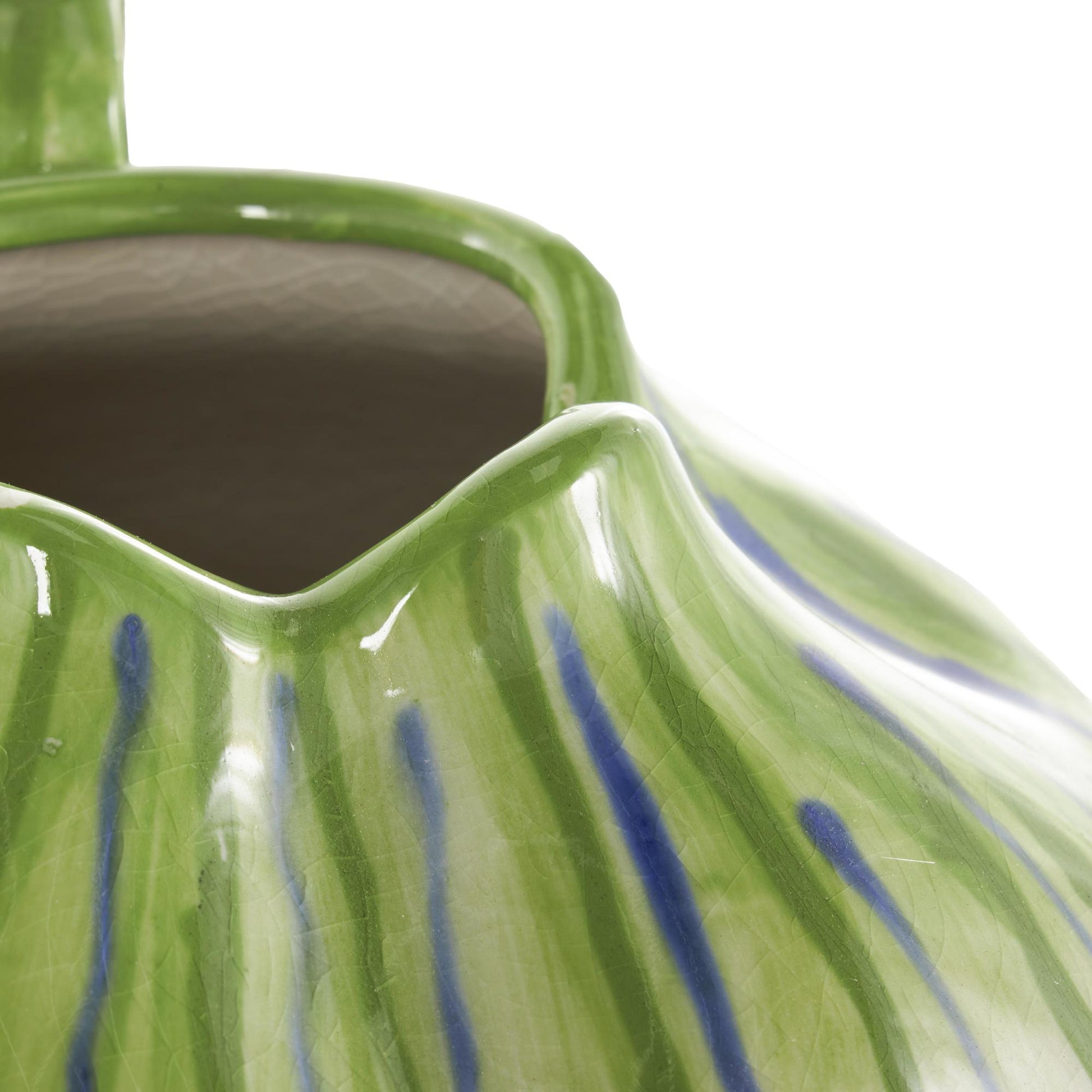 Abstract White Ceramic Decorative Vase with Green and Blue Drip Design and Handles