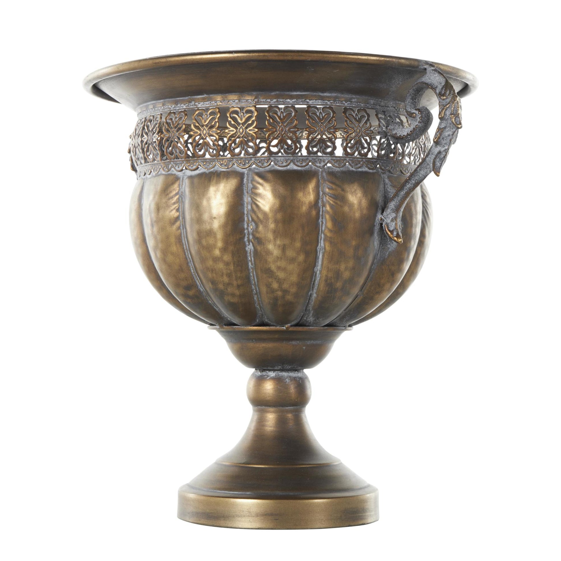 Scroll Bronze Metal Urn Shaped Decorative Vase with Hammered Details and Cut Outs