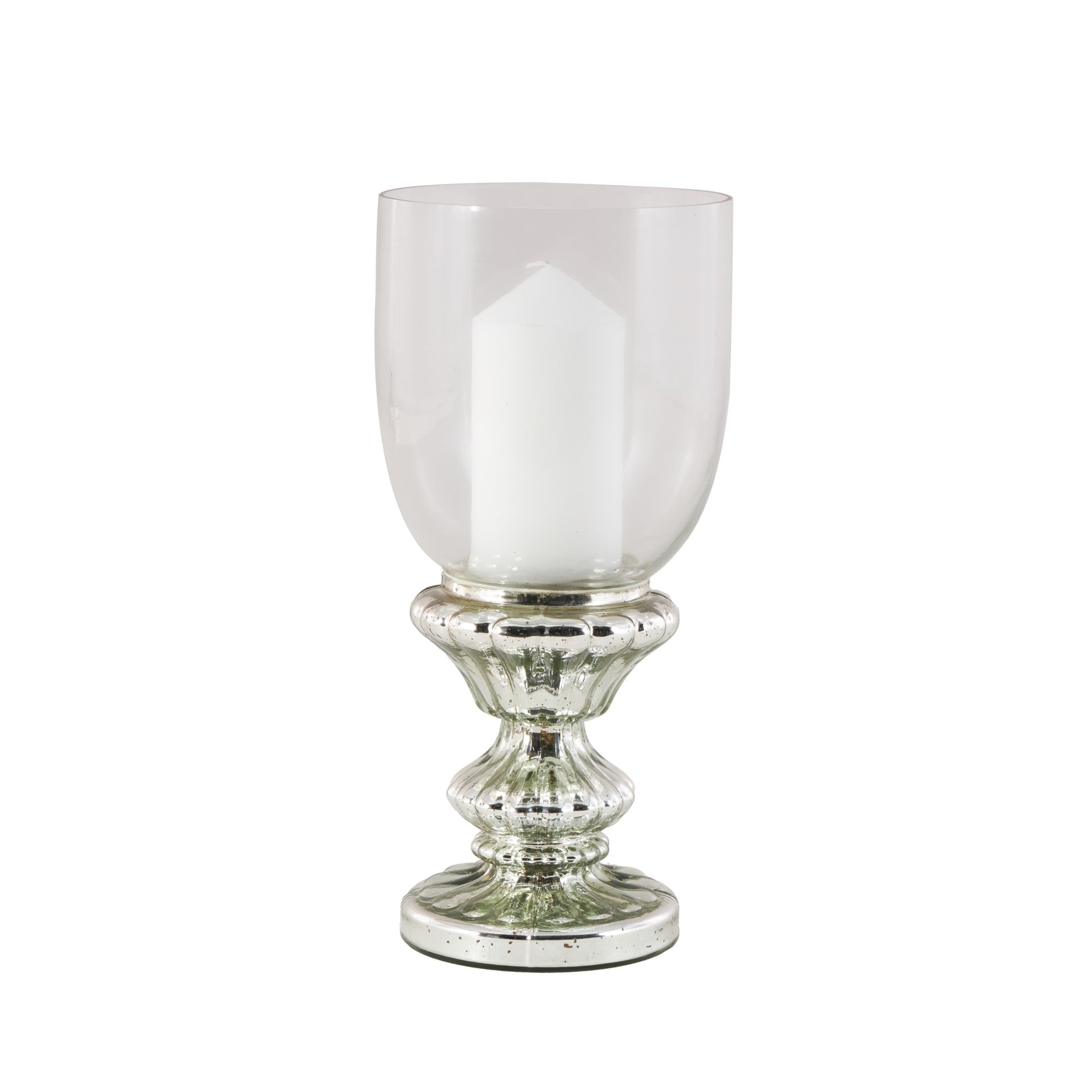 Silver Glass Handmade Turned Style Pillar Room Hurricane Lamp with Faux Mercury Glass Finish