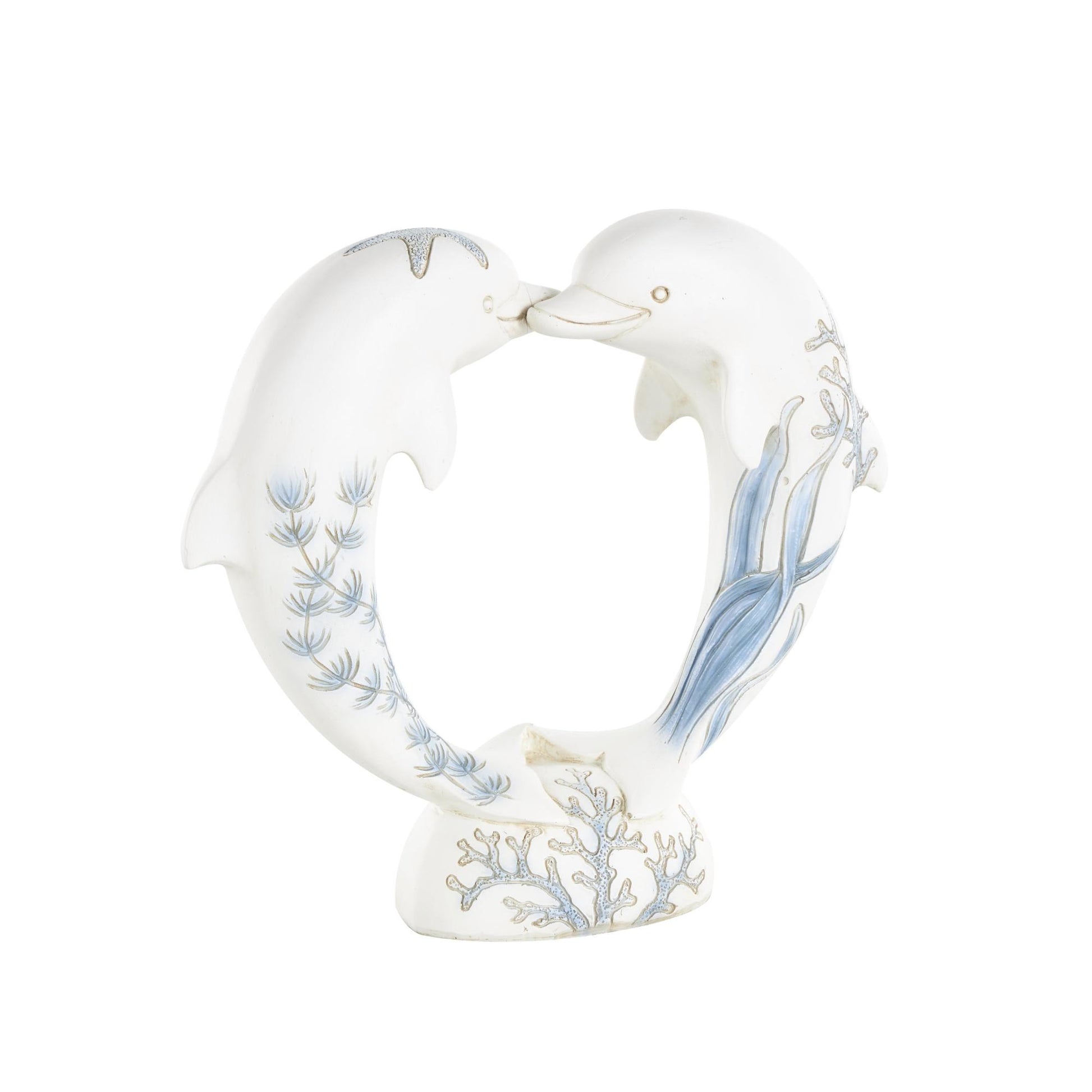 Dolphin White Polystone Heart Shaped Decorative Sculpture with Blue Coral Patterns
