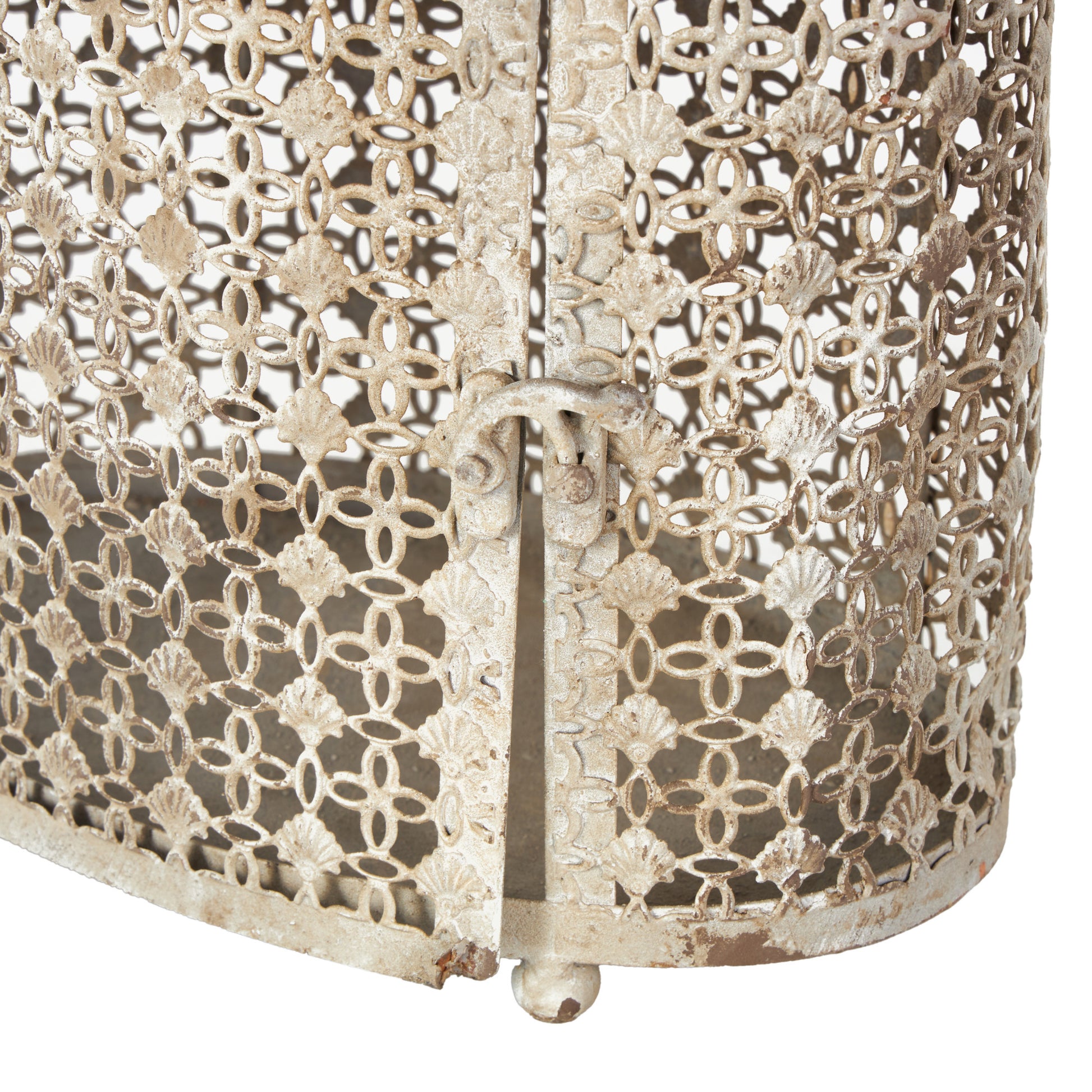 Set of 2 Floral Beige Metal Antique Distressed Oval Cutout Indoor Outdoor Candle Lantern