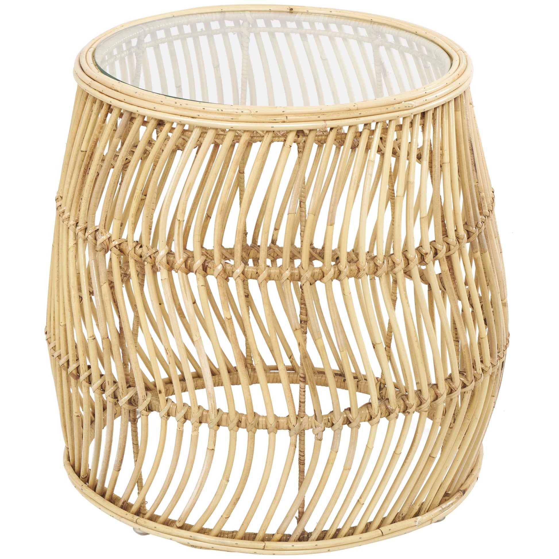 Brown Rattan Handmade Wavy Woven Side End Accent Table with Glass Top