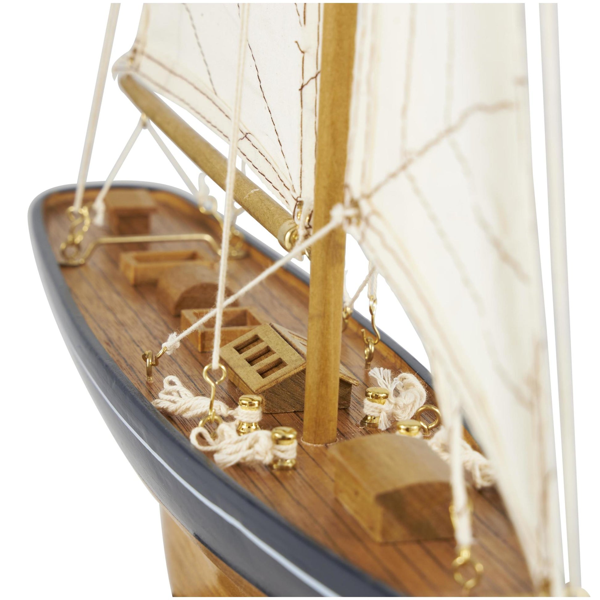 Sail Boat Brown Wood Decorative Sculpture with Beige and Navy Accents and Lifelike Rigging