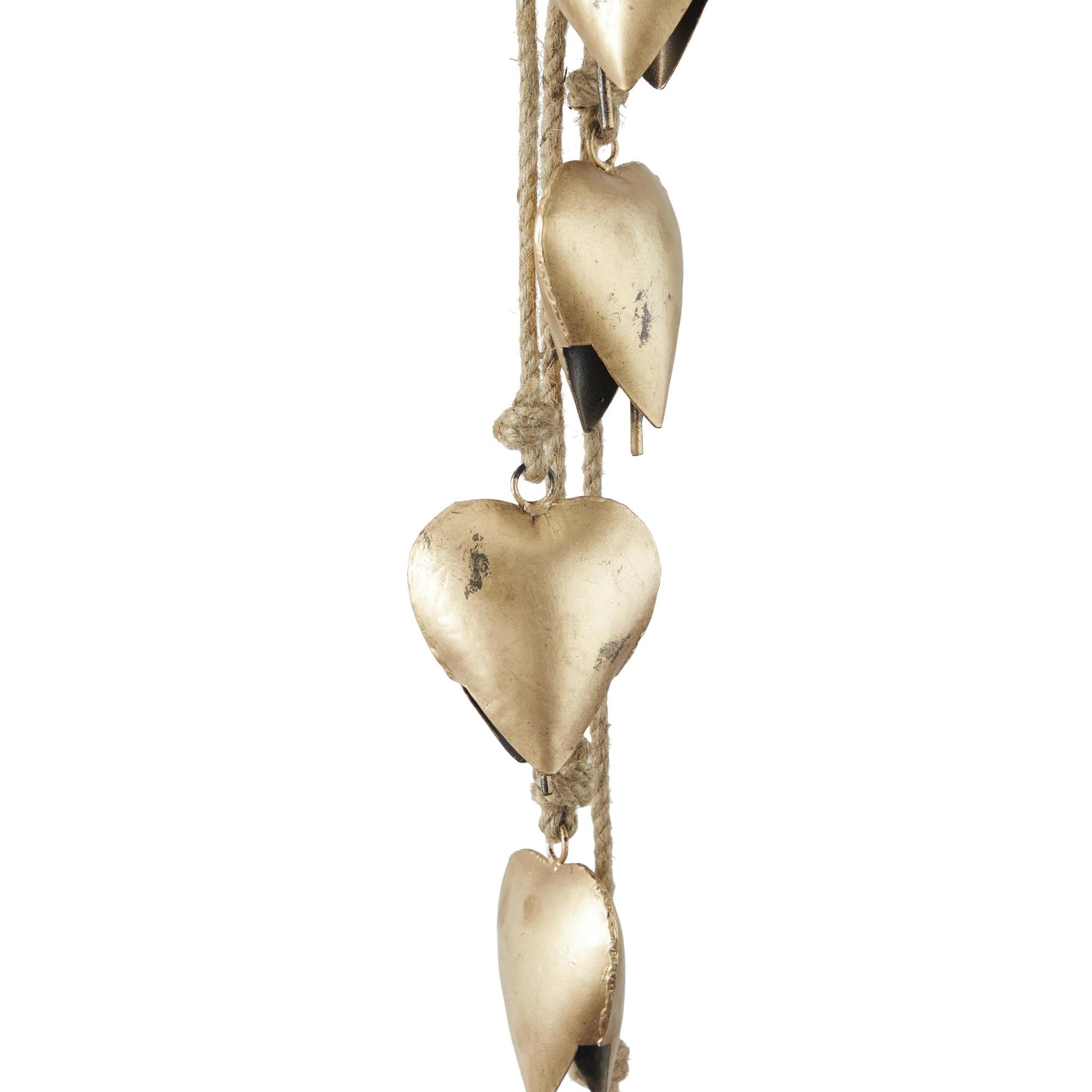 Heart Metal Tibetan Inspired Indoor Outdoor Decorative Cow Bells with 6 Bells on Jute Hanging Rope