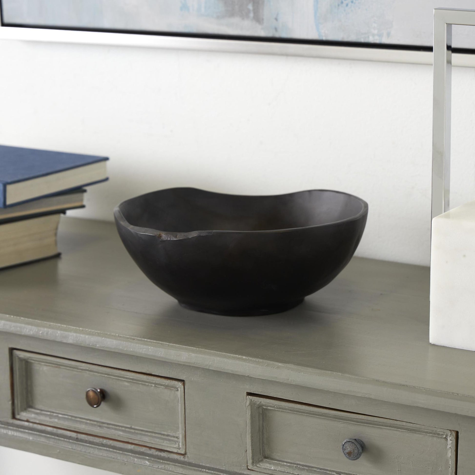 Abstract Black Teak Wood Handmade Large Decorative Bowl with Freeform Edge
