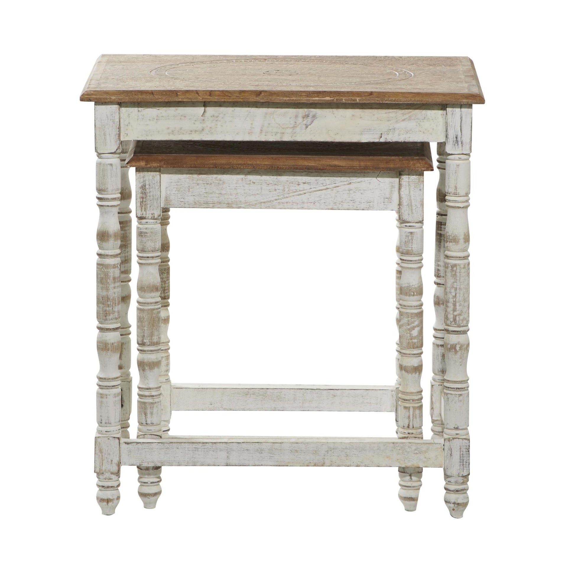 Set of 2 Floral Mango Wood Handmade Intricately Carved Side End Accent Table with Carved Tabletops