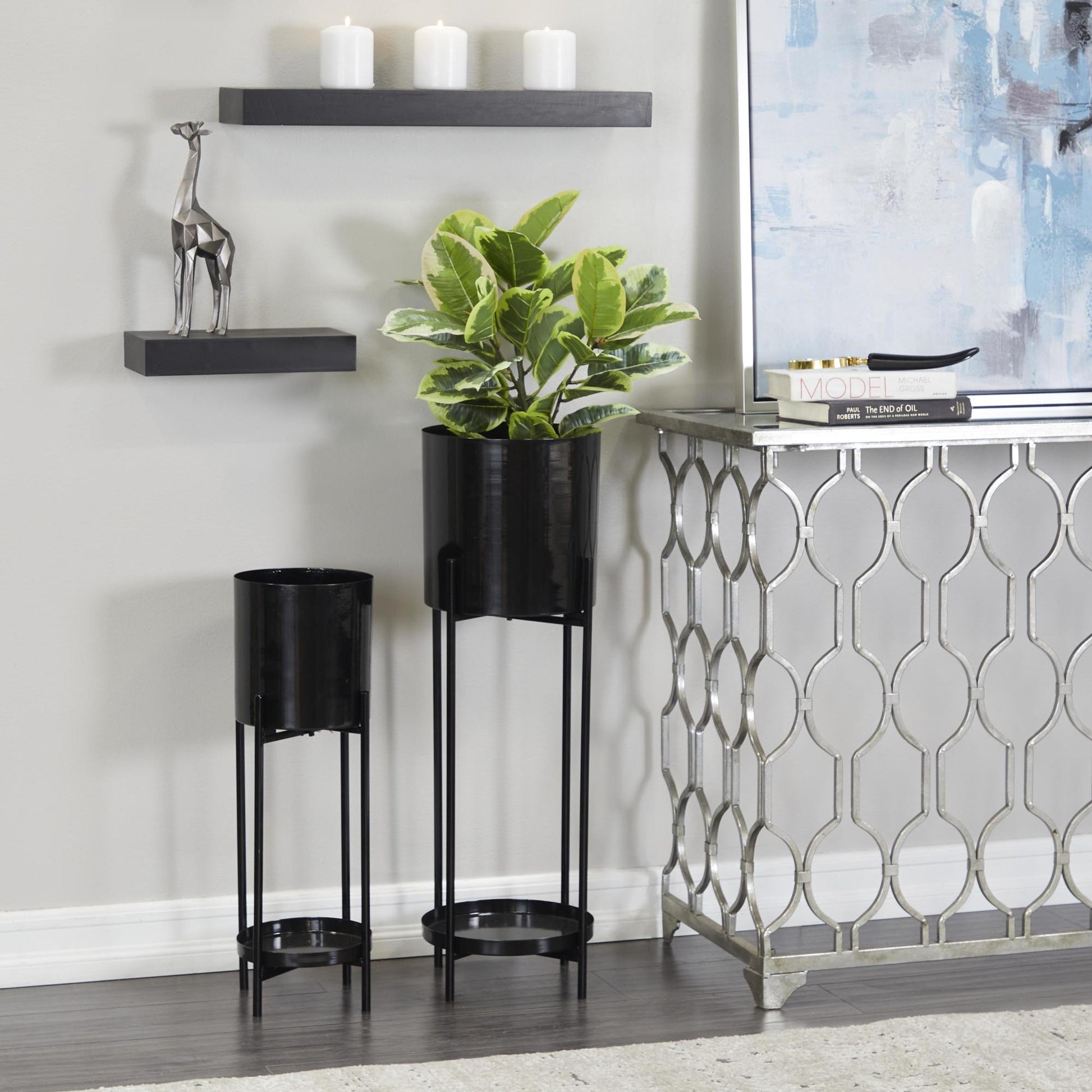 Set of 2 Metal Indoor Outdoor Planter with Lower Shelf and Removable Stand
