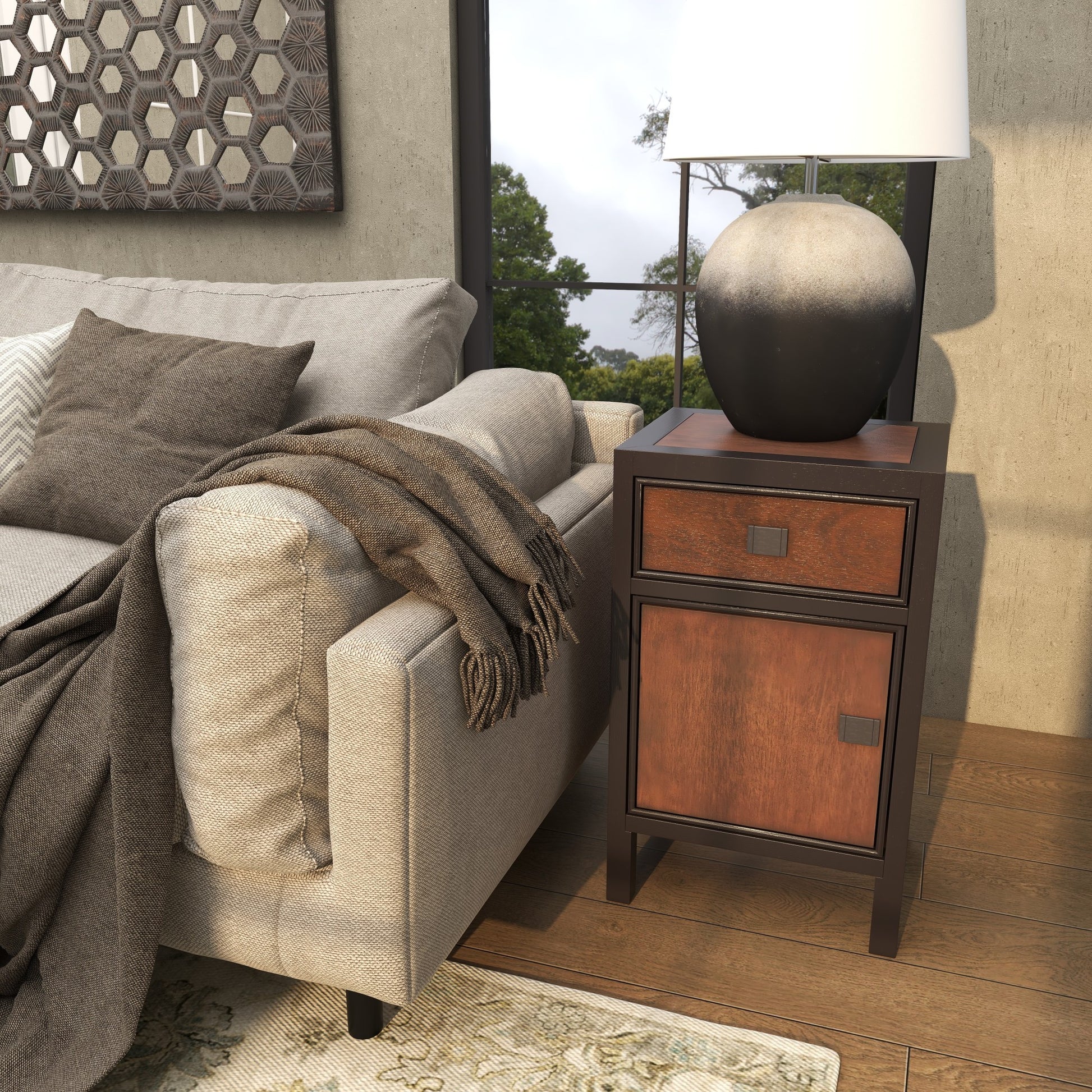 Dark Brown Wood Square 1 Door and 1 Drawer Room Cabinet with Black Frame