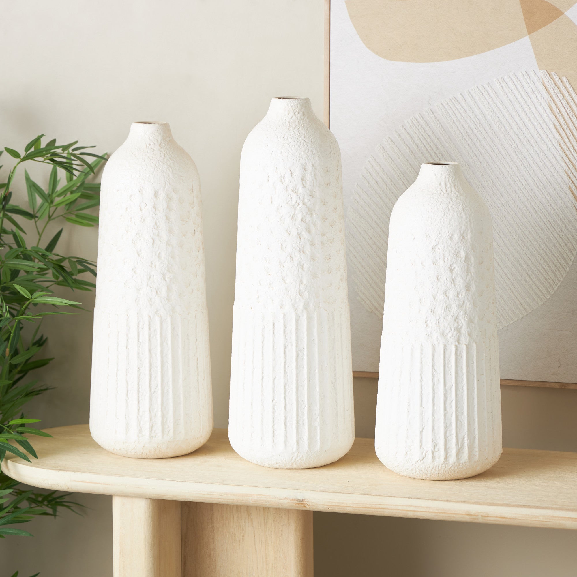 Set of 3 White Metal Textured Decorative Vase with Honeycomb Pattern