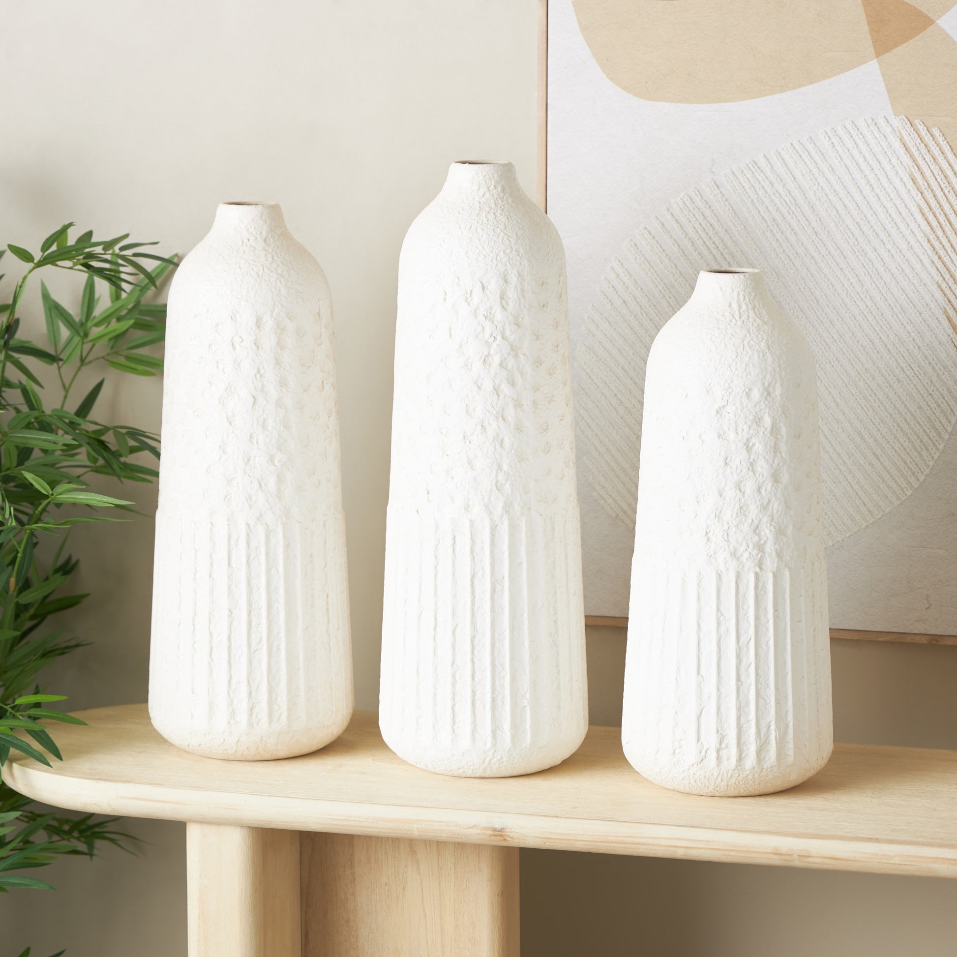 Set of 3 White Metal Textured Decorative Vase with Honeycomb Pattern