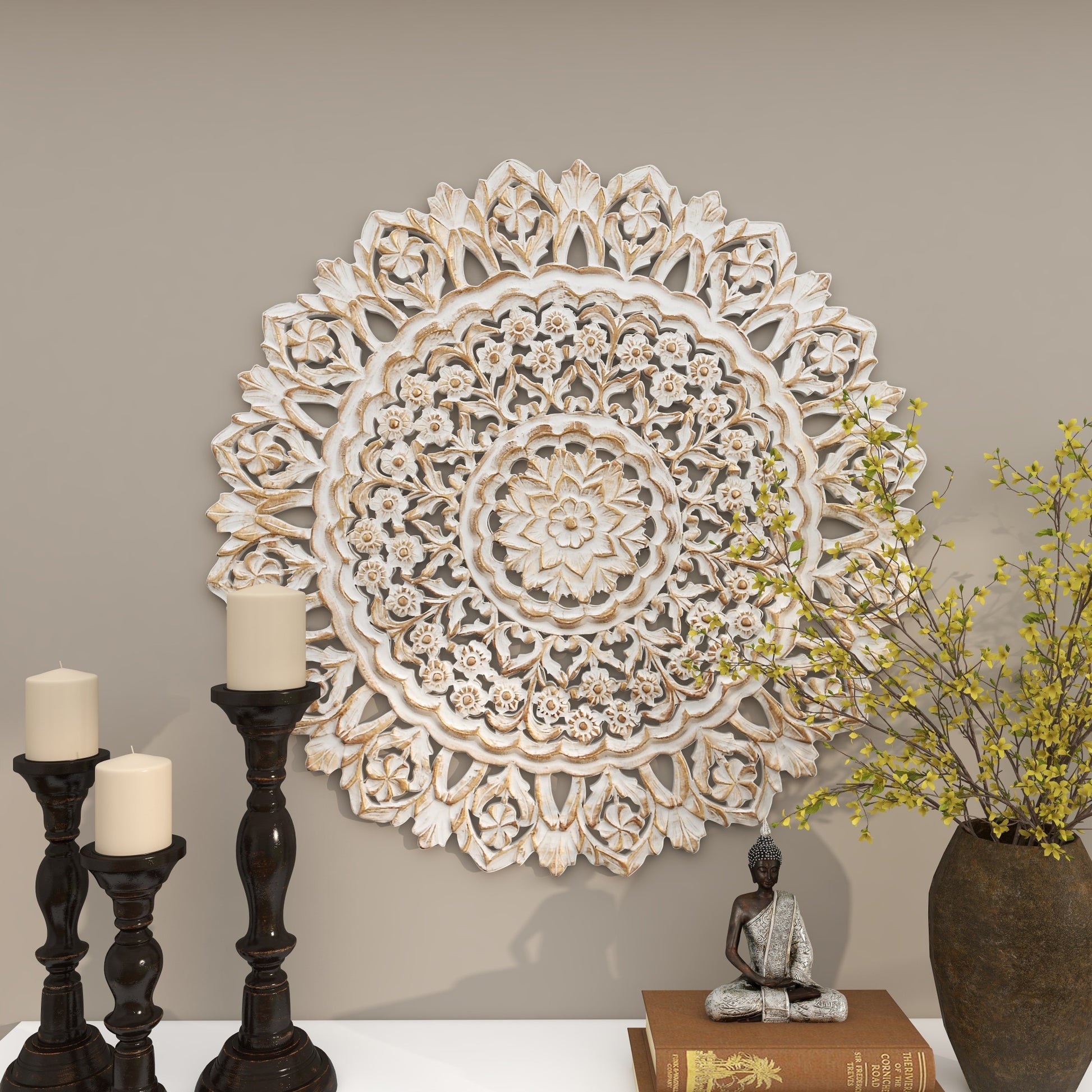 Floral White Wood Handmade Intricately Carved Mandala Home Wall Decor