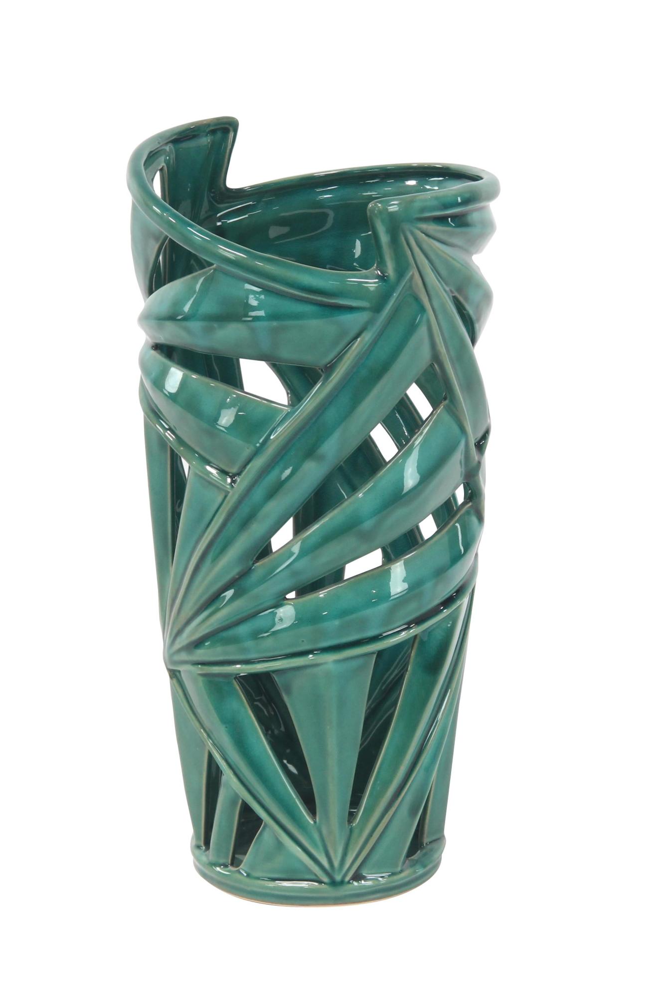 CosmoLiving by Cosmopolitan Leaf Green Ceramic Decorative Vase with Cut Out Deigns