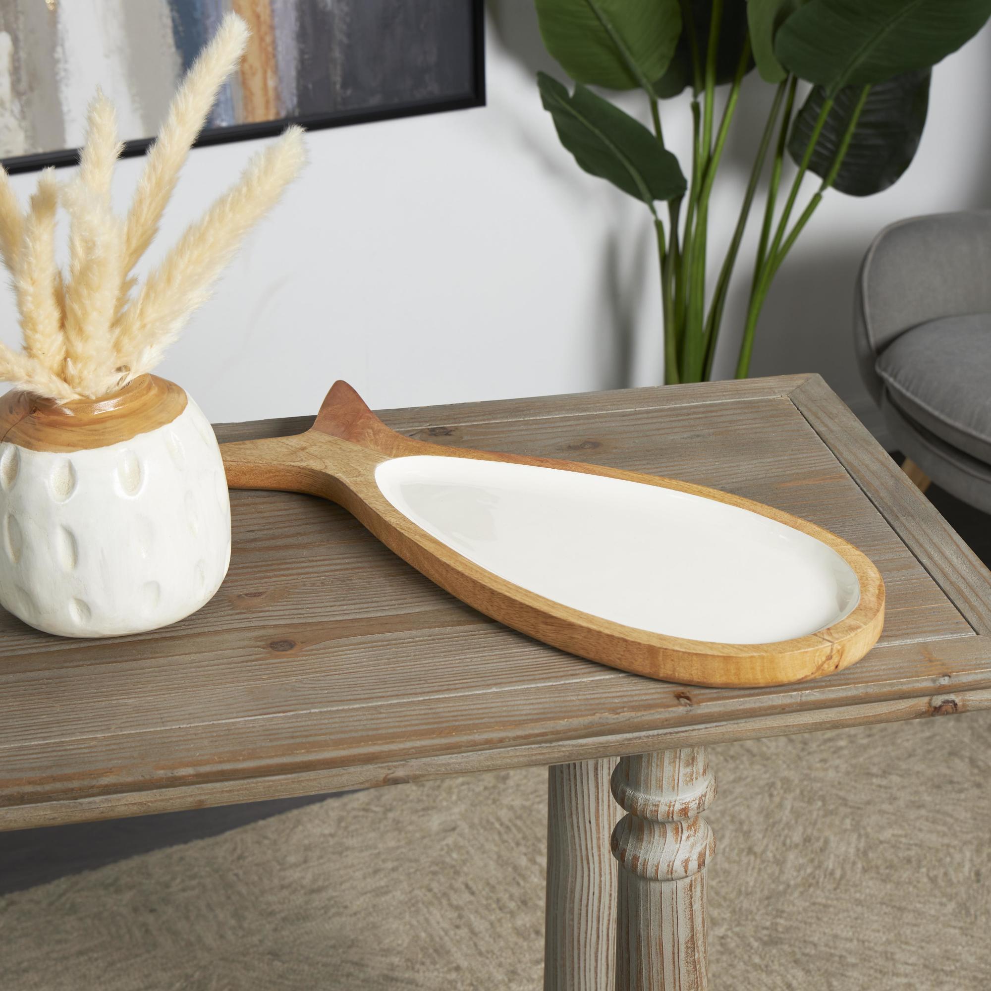 Fish Brown Mango Wood Living Room Decor Tray with White Enameled Interior