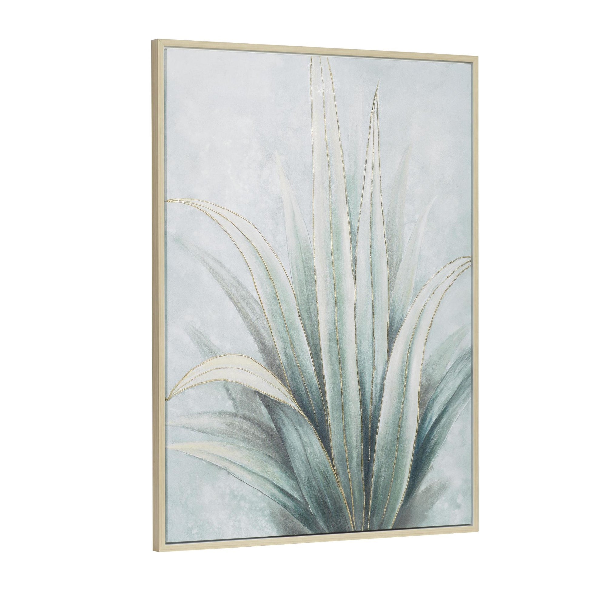 Leaf Green Canvas Agave Living Room Framed Wall Art with Beige Frame