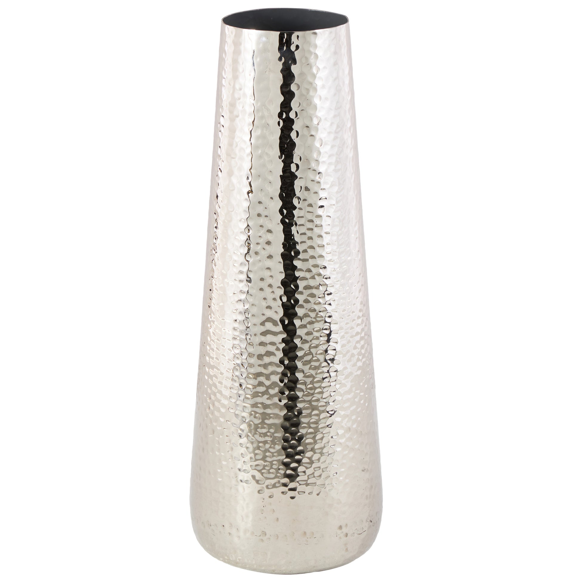 Silver Aluminum Metal Tall Hammered Decorative Vase