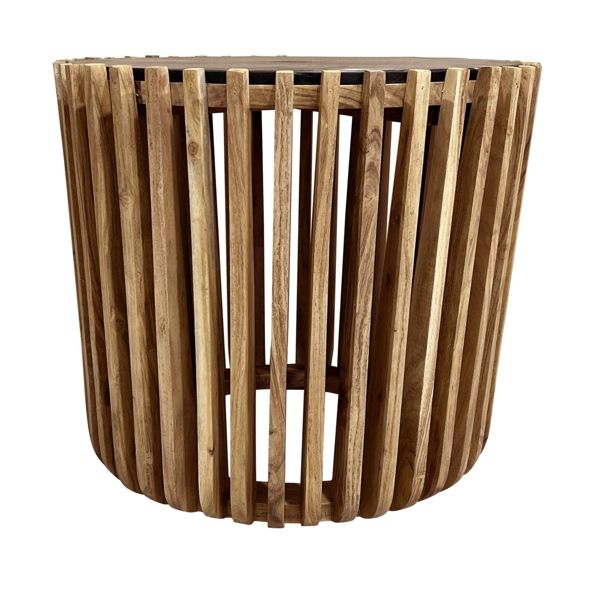 Brown Wood Slatted Open Framed Drum Side End Accent Table with Black Marble Tabletop