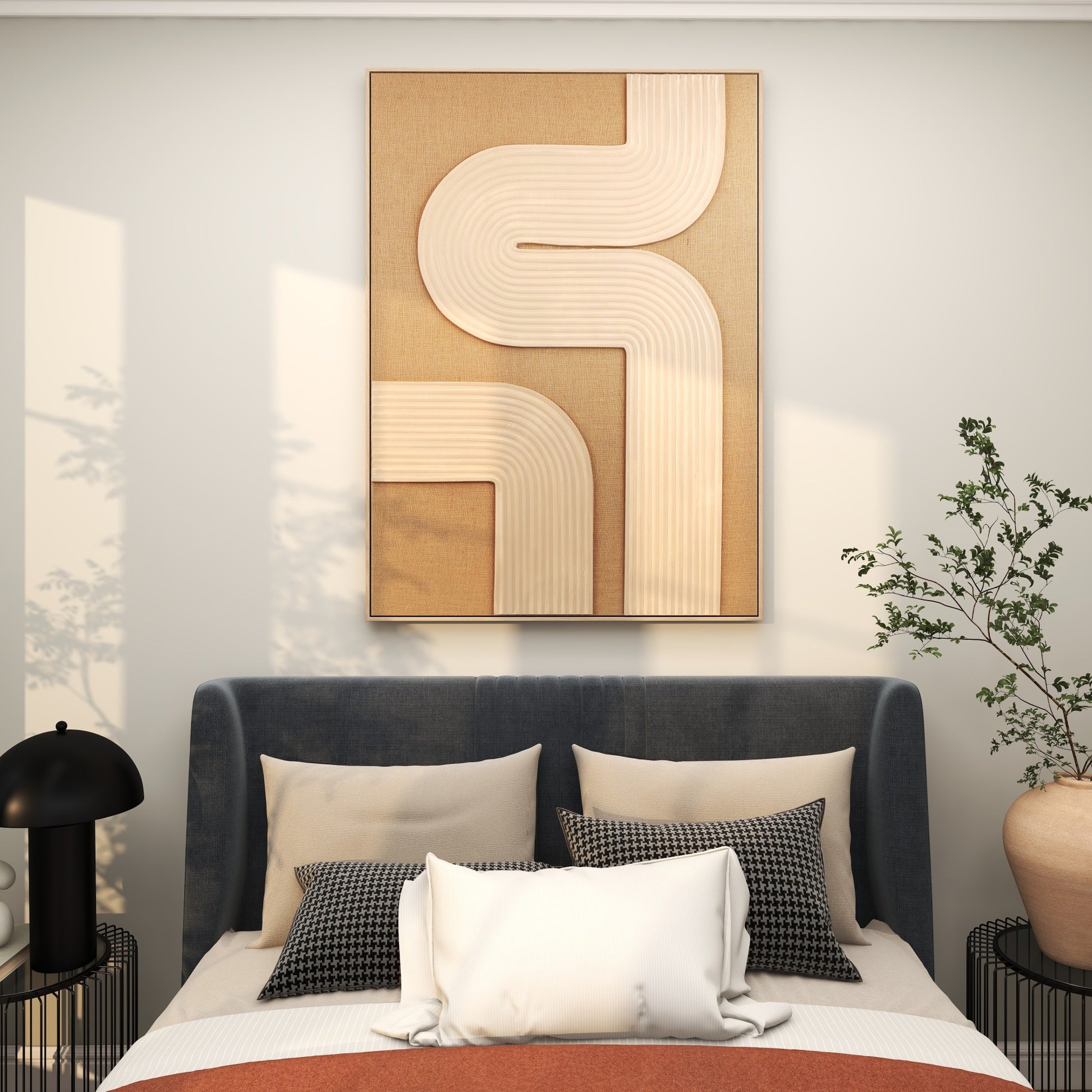 Abstract Brown Canvas Textured Living Room Framed Wall Art with Tan Ribbed Curve Shapes