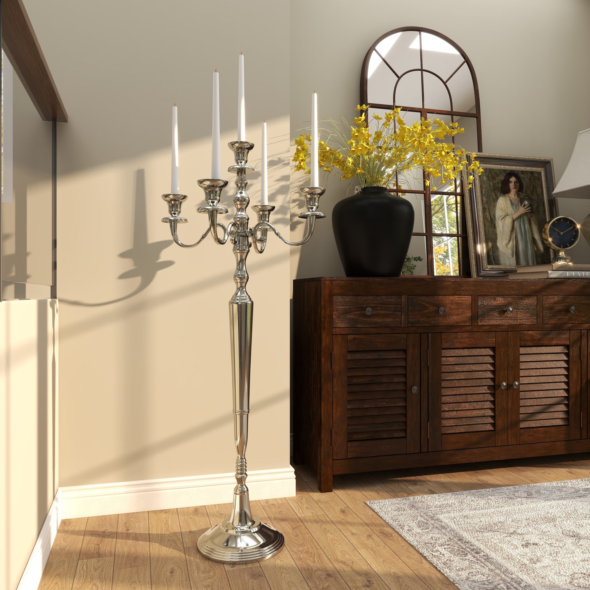 Scroll Aluminum Metal Tall Floor 5 Candle Decorative Candelabra
