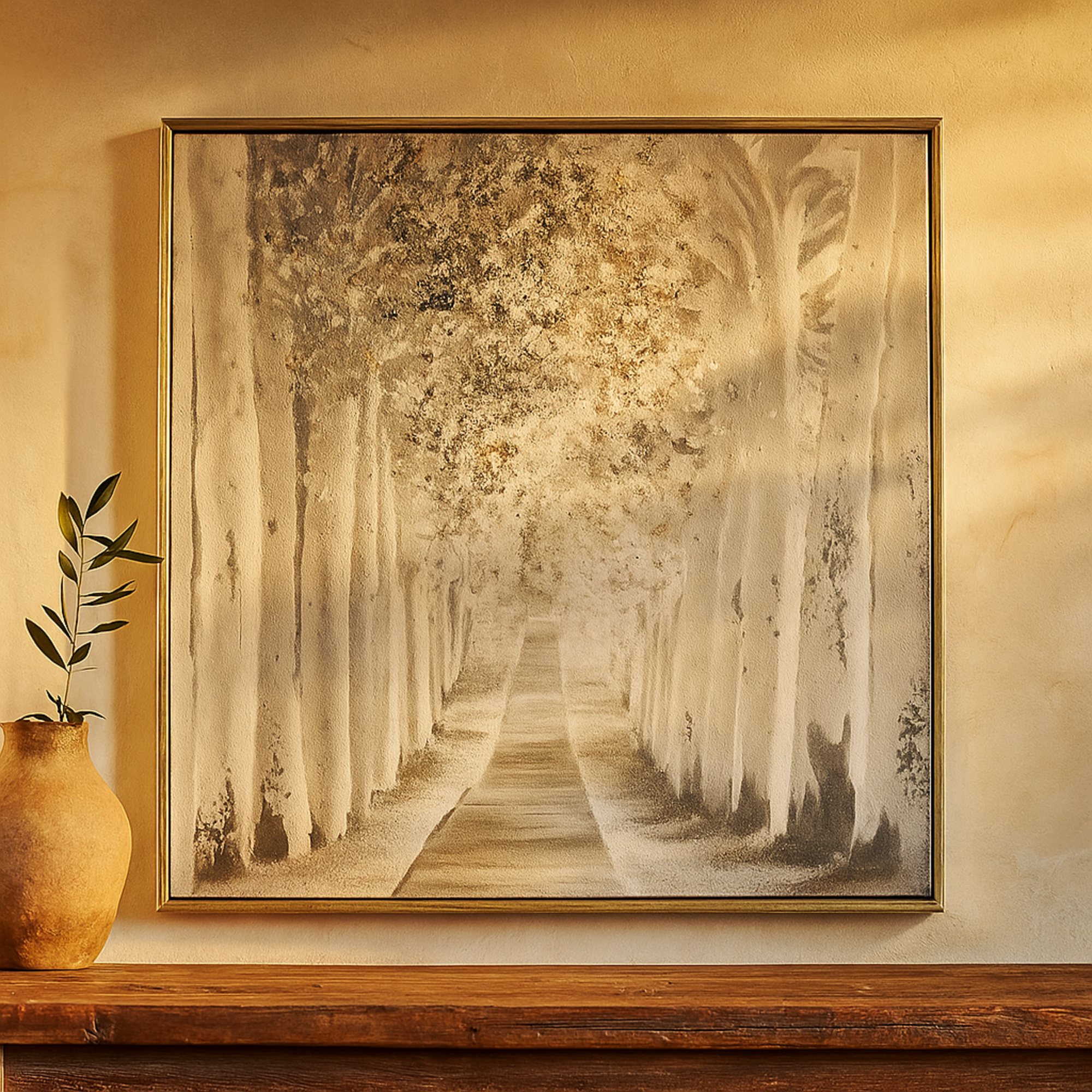 Tree Gray Canvas Forest Landscape Living Room Framed Wall Art with Dimensional Paint Texturing