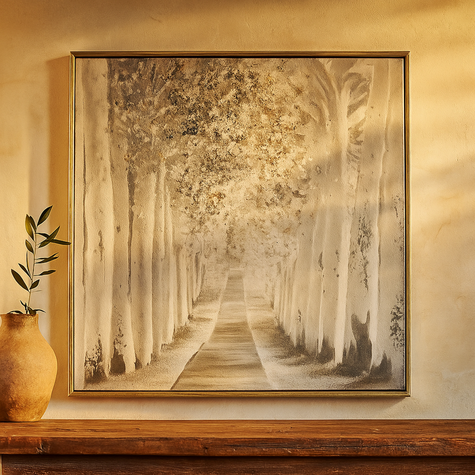 Tree Gray Canvas Forest Landscape Living Room Framed Wall Art with Dimensional Paint Texturing