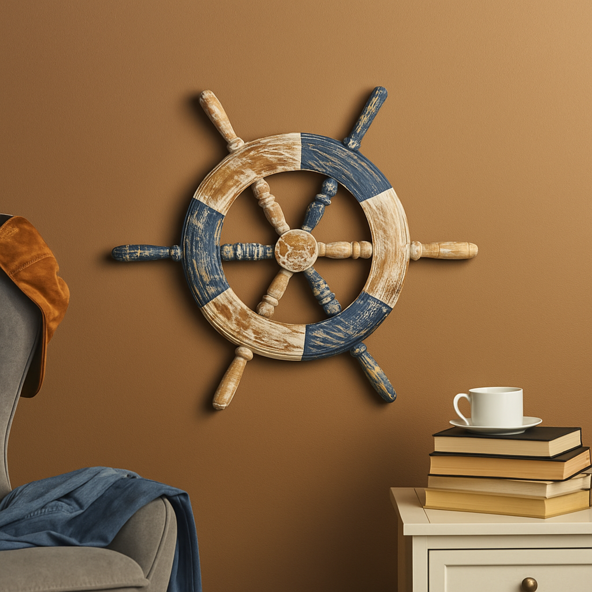 Ship Wheel Blue Wood Distressed Two-Toned Home Wall Decor with Brown Accents