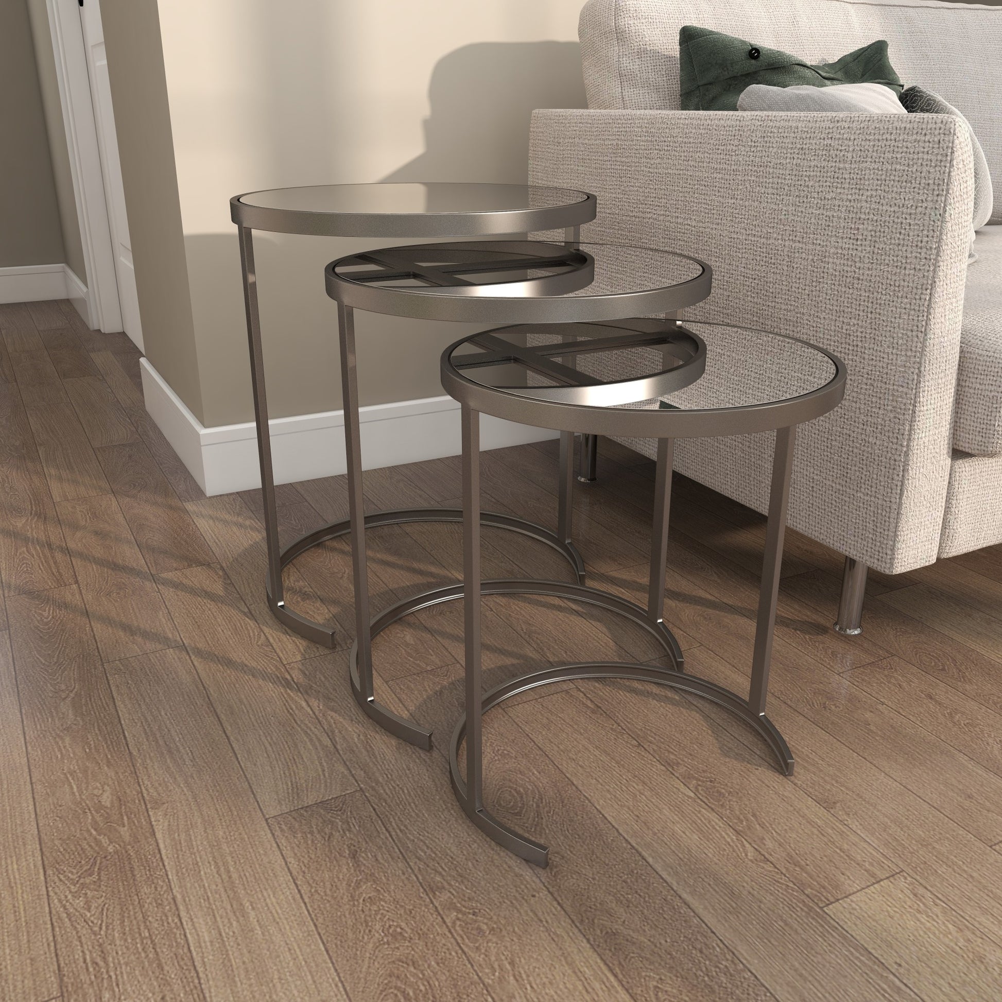 Set of 3 Metal Round Nesting Side End Accent Table with Black Glass Top