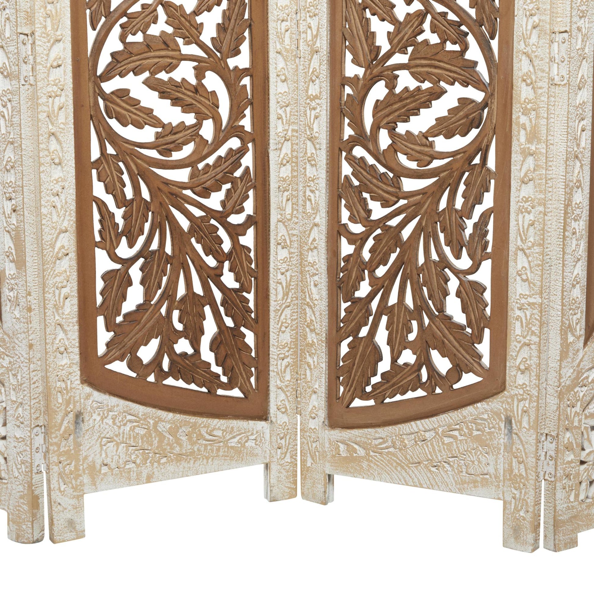 Floral Brown Mango Wood Handmade Foldable Partition 4 Panel Partition Room Divider Screen with Carved Designs