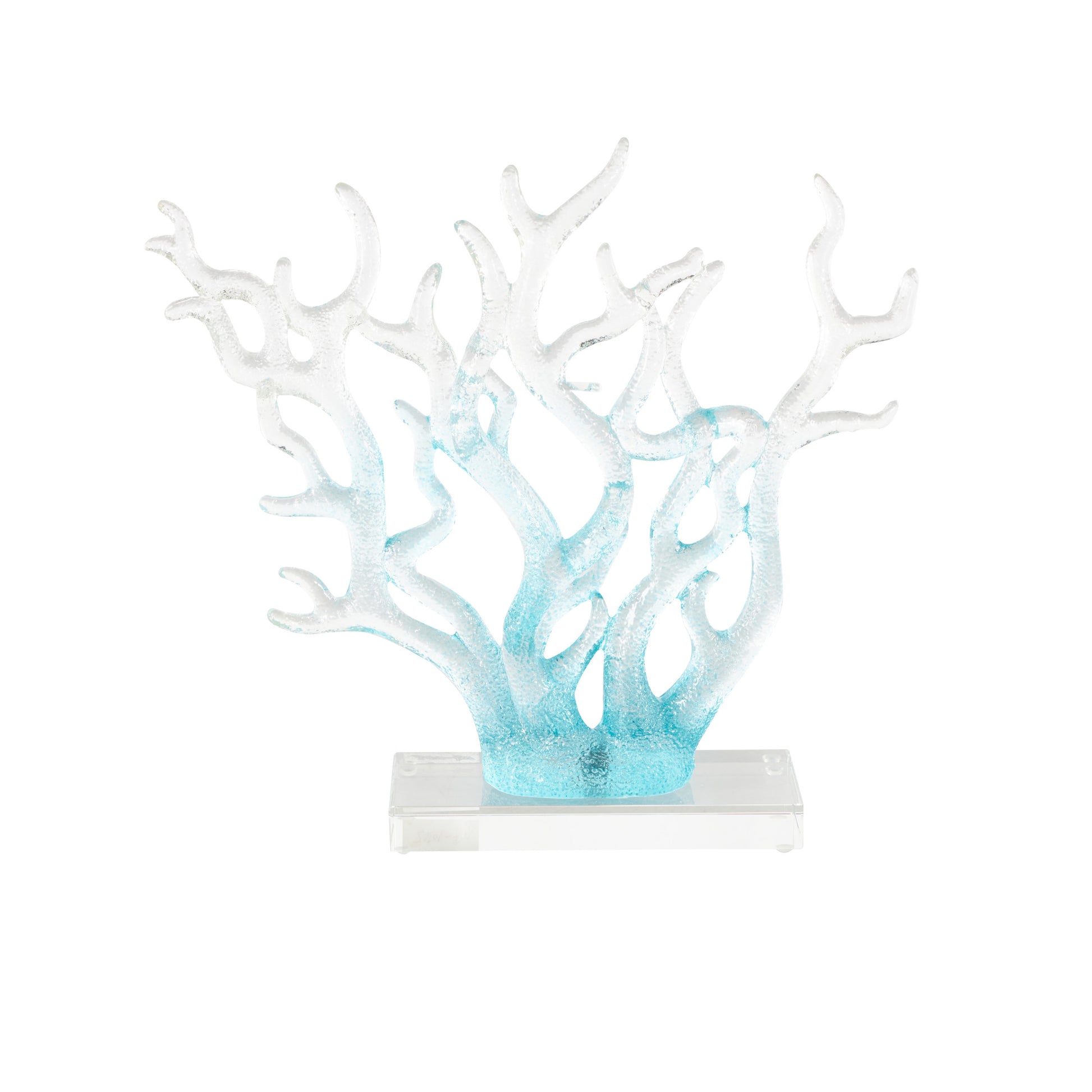 Coral Blue Glass Ombre Decorative Sculpture with Clear Rectangle Base