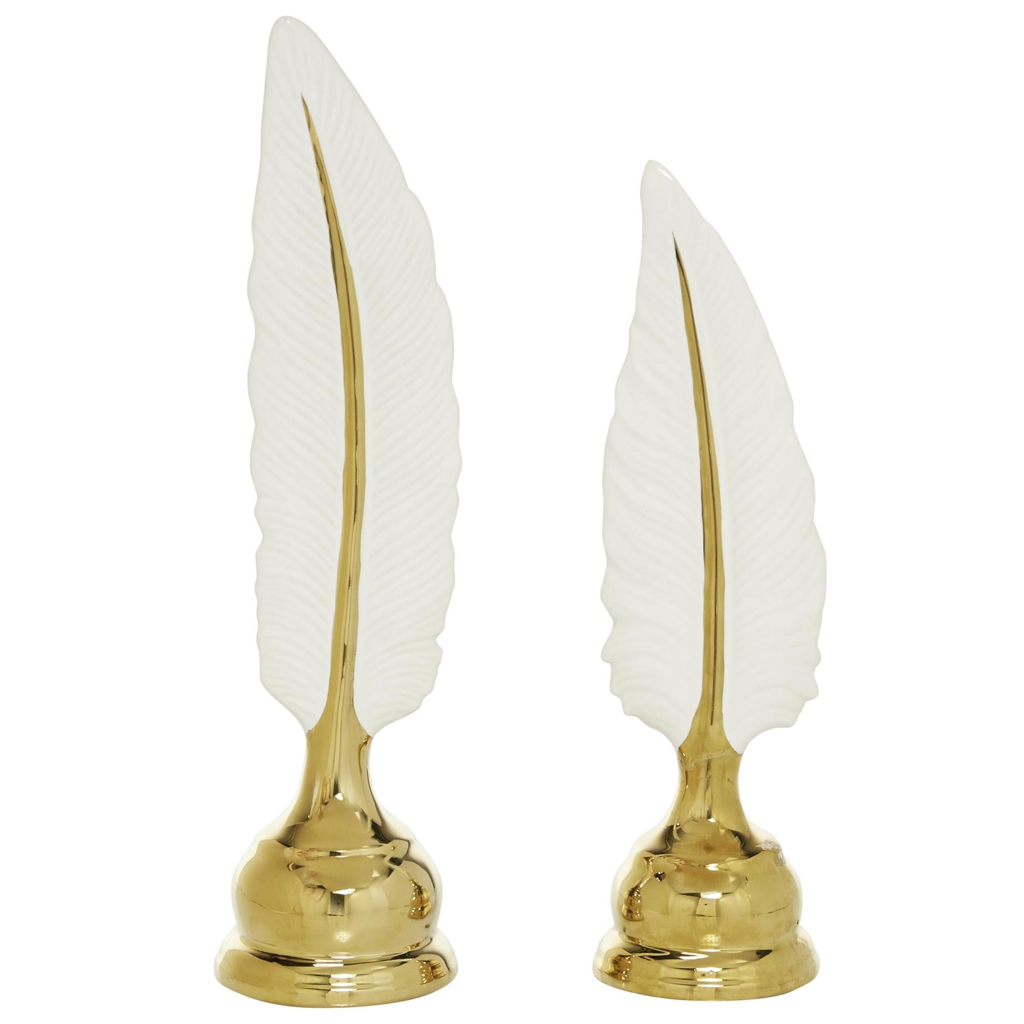 CosmoLiving by Cosmopolitan Set of 2 Bird Gold Ceramic Feathers Decorative Sculpture