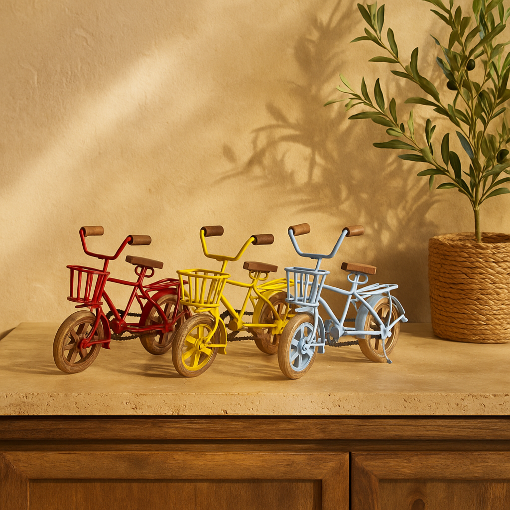 Set of 3 Bike Multi Colored Metal Decorative Sculpture with Wood Wheels