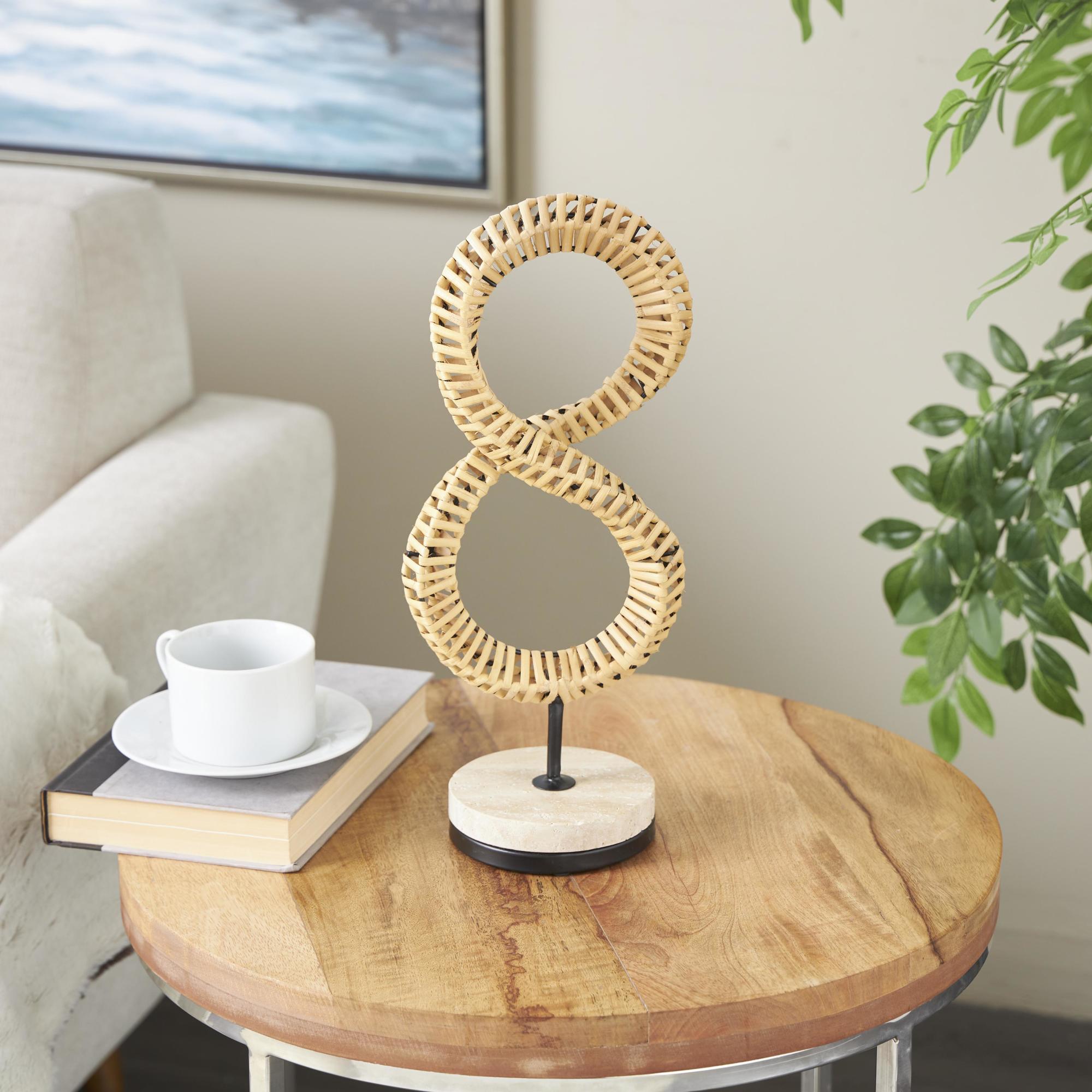 Abstract Brown Rattan Handmade Decorative Sculpture with White Marble Base