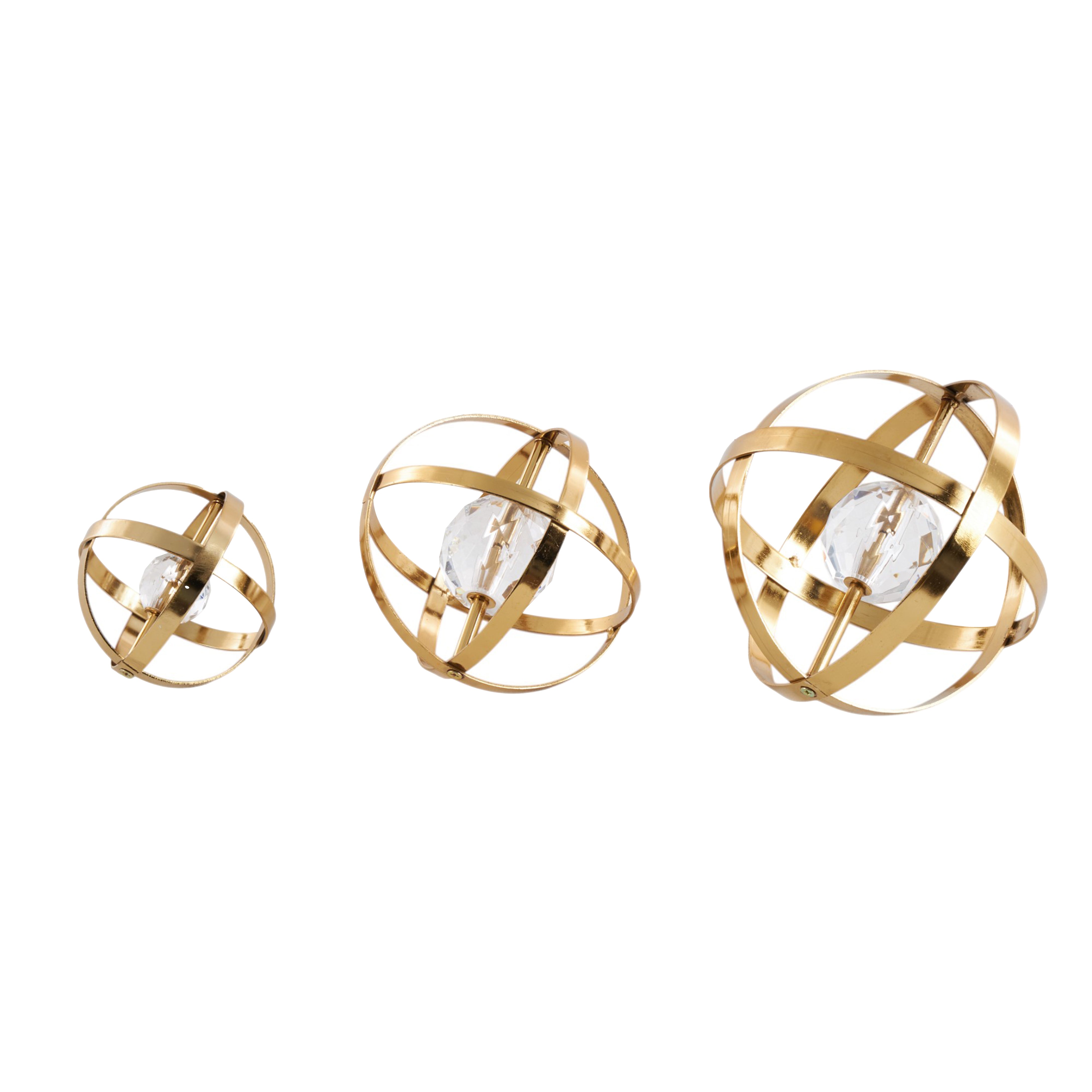 Set of 3 Geometric Metal Orb Decorative Sculpture with Acrylic Center