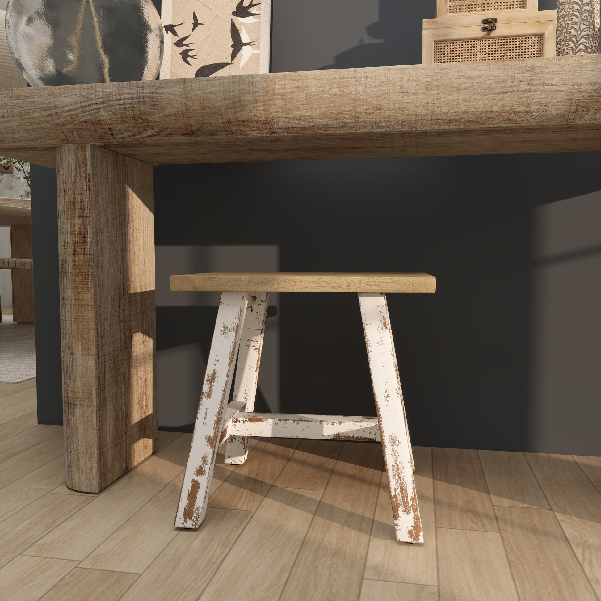 Wood Living Room Stool with Brown Wood Top 20" x 14" x 18"