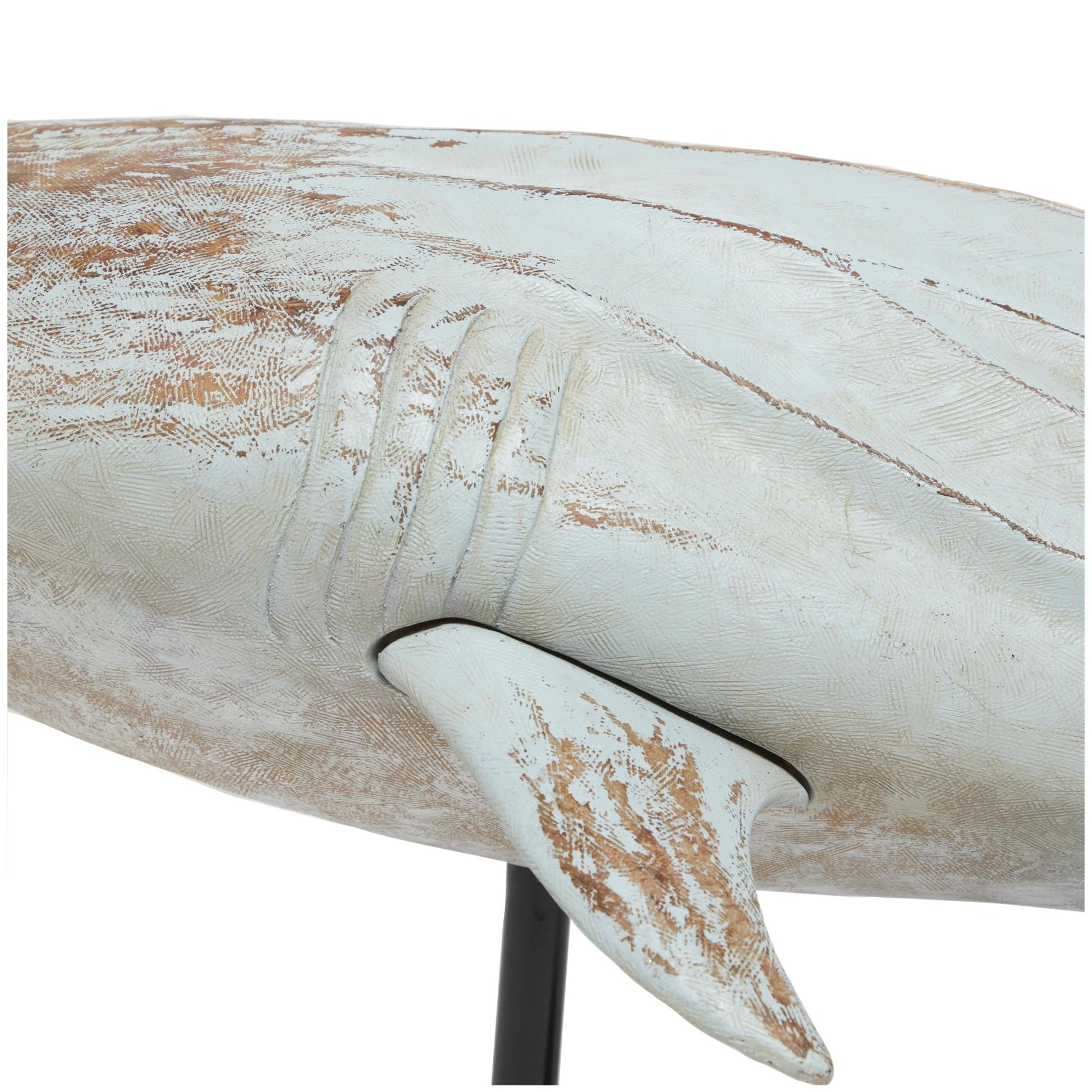 Shark Light Blue Polystone Distressed Decorative Sculpture with Brown Wood Inspired Accents and Black Stand