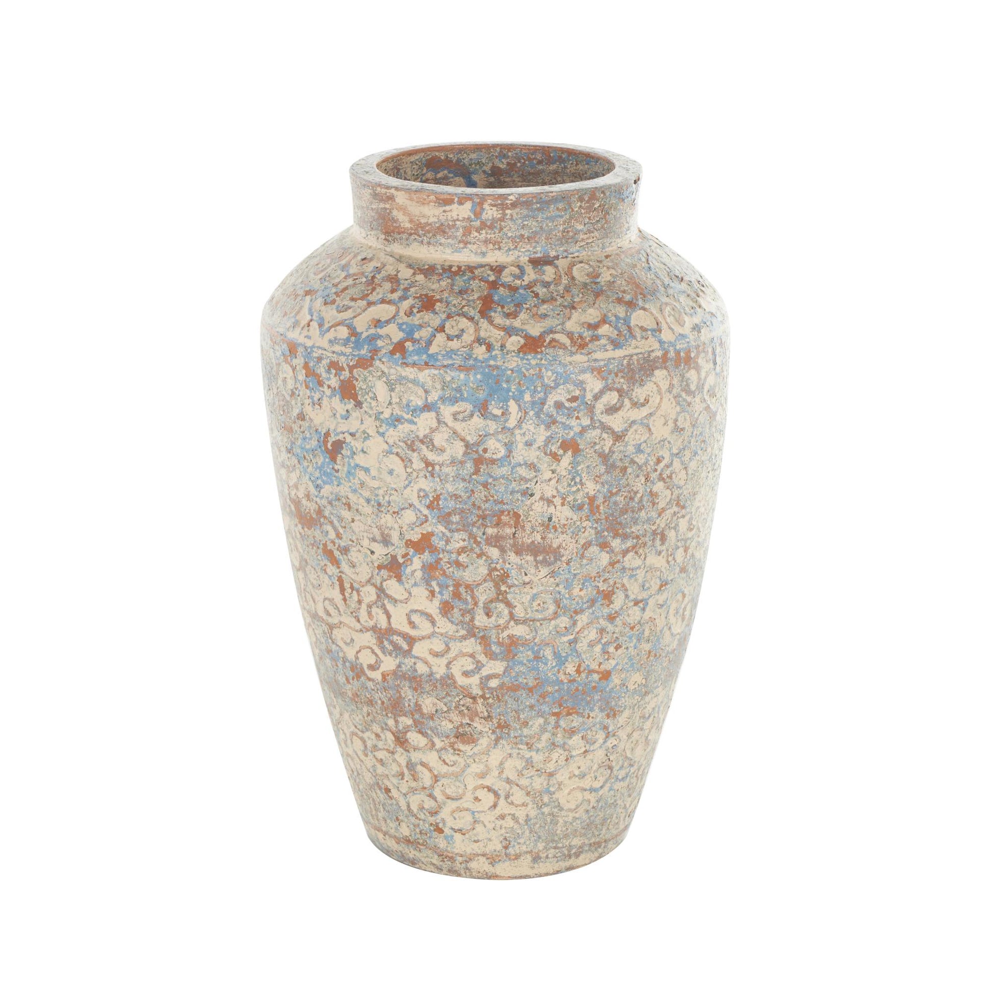 Scroll Beige Ceramic Handmade Antique Style Decorative Vase with Blue and Copper Accents