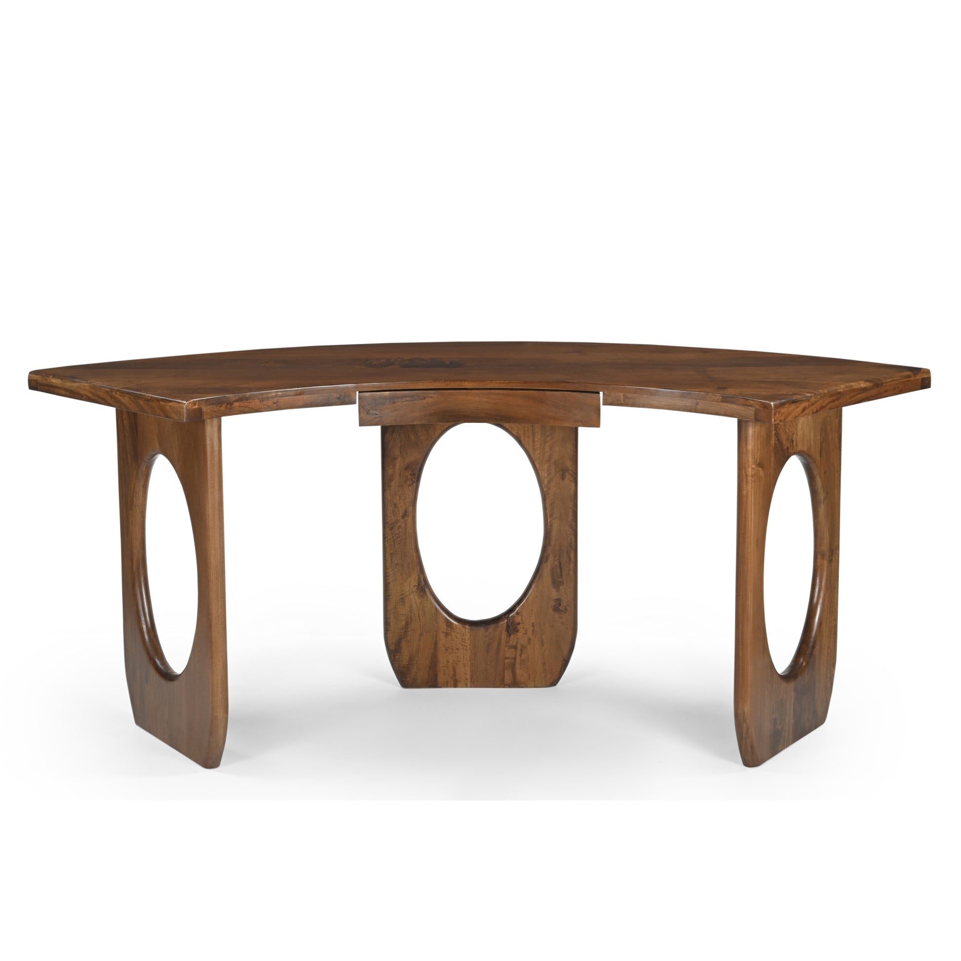 Geometric Brown Wood Curved 1 Drawer Desk with 2 Oval Cutout Legs