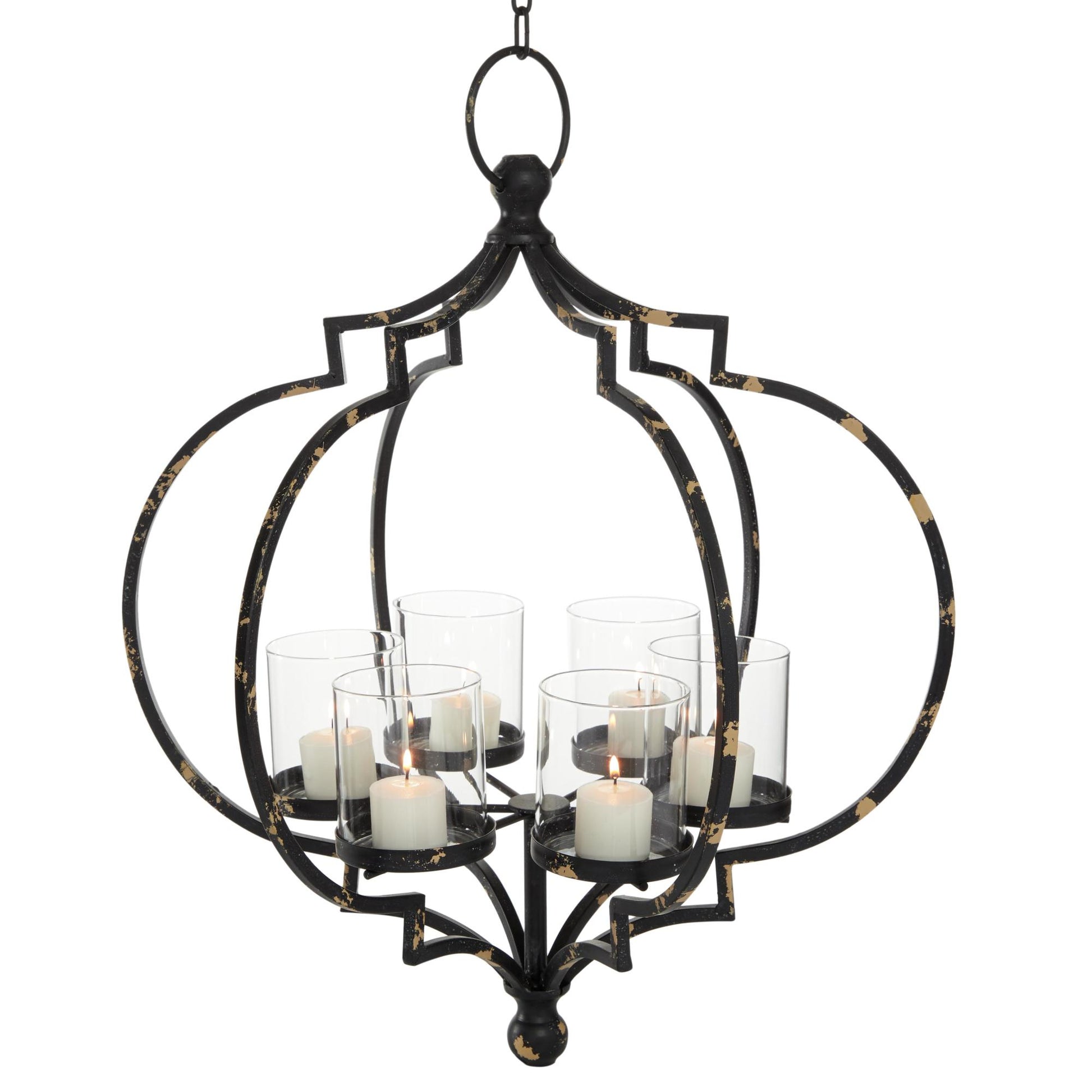 Black Metal Open Caged Hanging 6 Slot Decorative Candelabra with Distressing and Hook