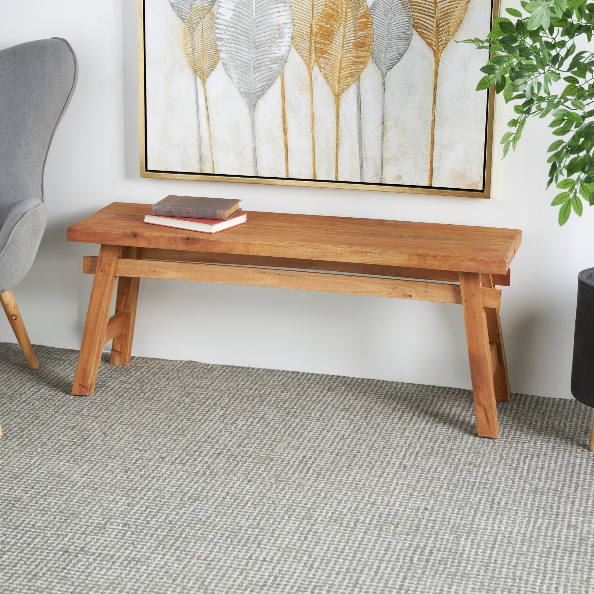 Brown Reclaimed Wood Handmade Home Bench with Natural Finish and High Trestle Legs