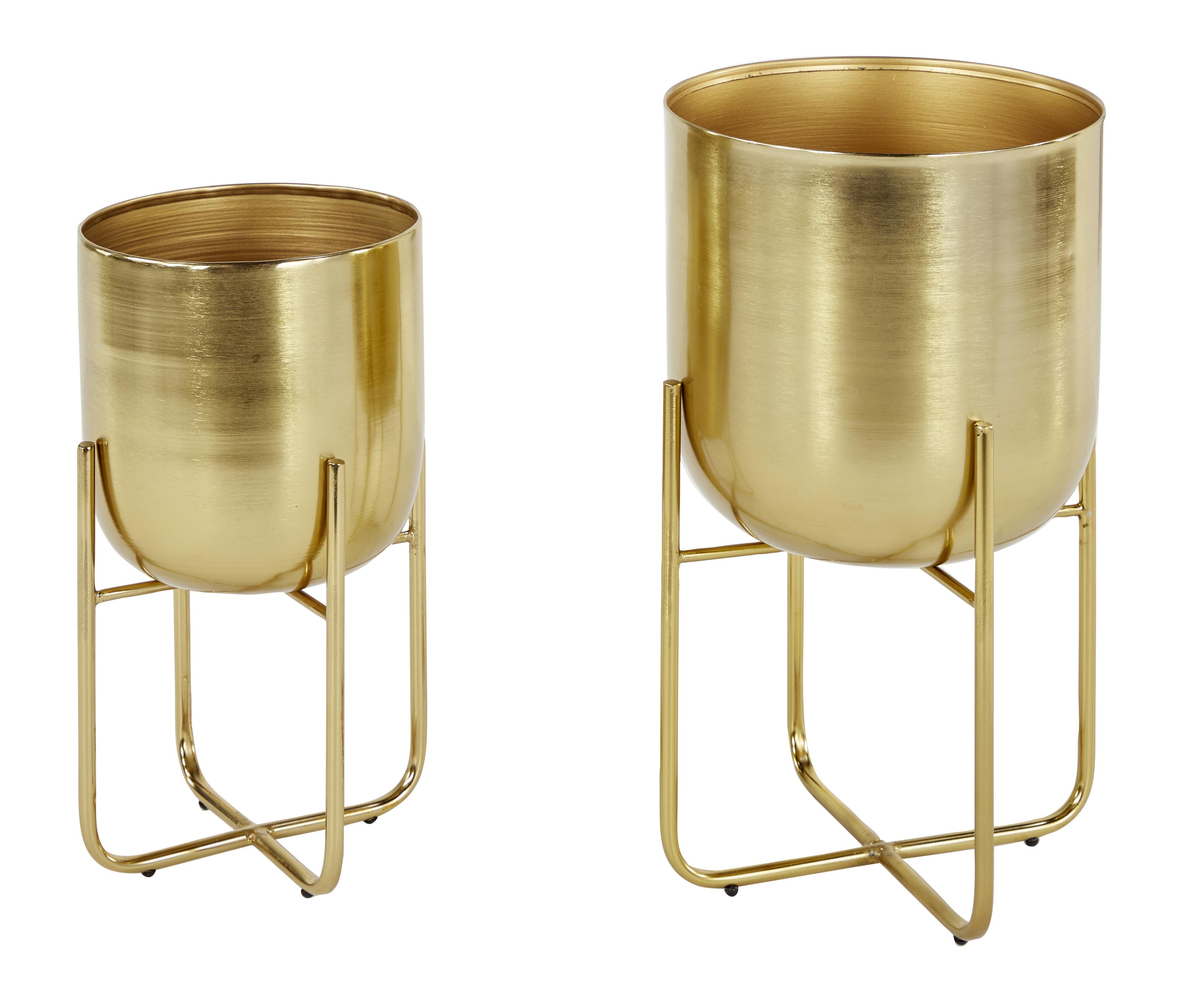 Set of 2 Metal Brushed Dome Indoor Outdoor Planter with Curved X-Shaped Stands
