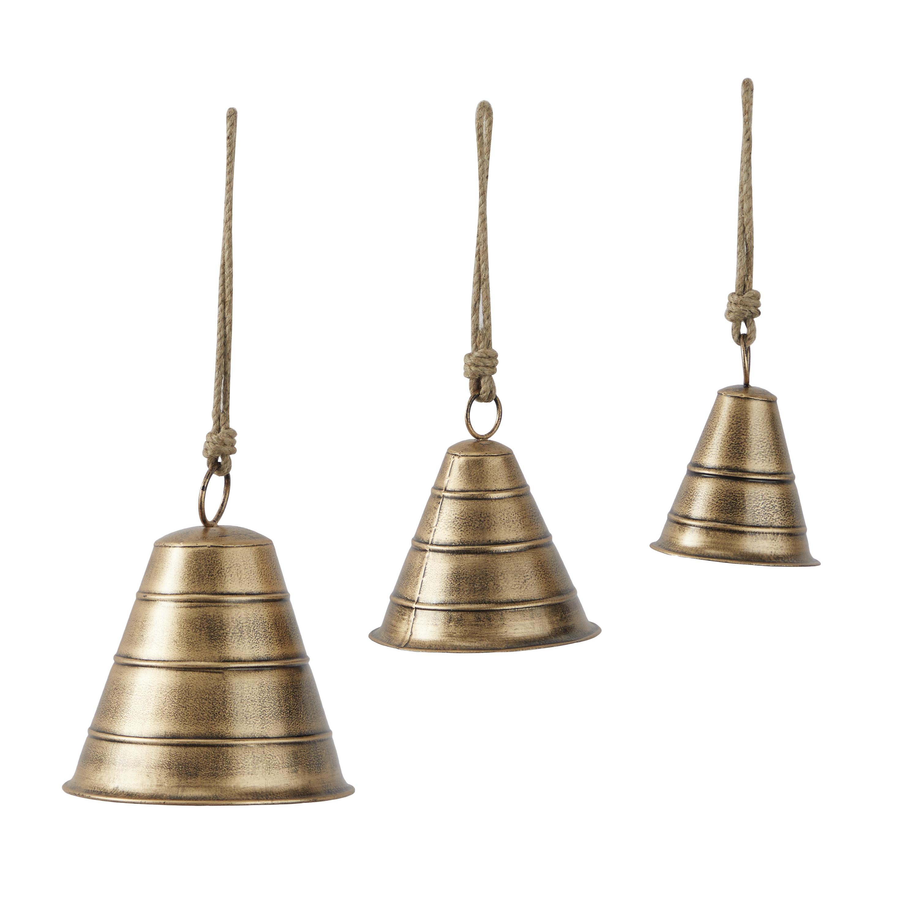 Set of 3 Metal Tibetan Inspired Indoor Outdoor Decorative Cow Bells with Jute Hanging Rope