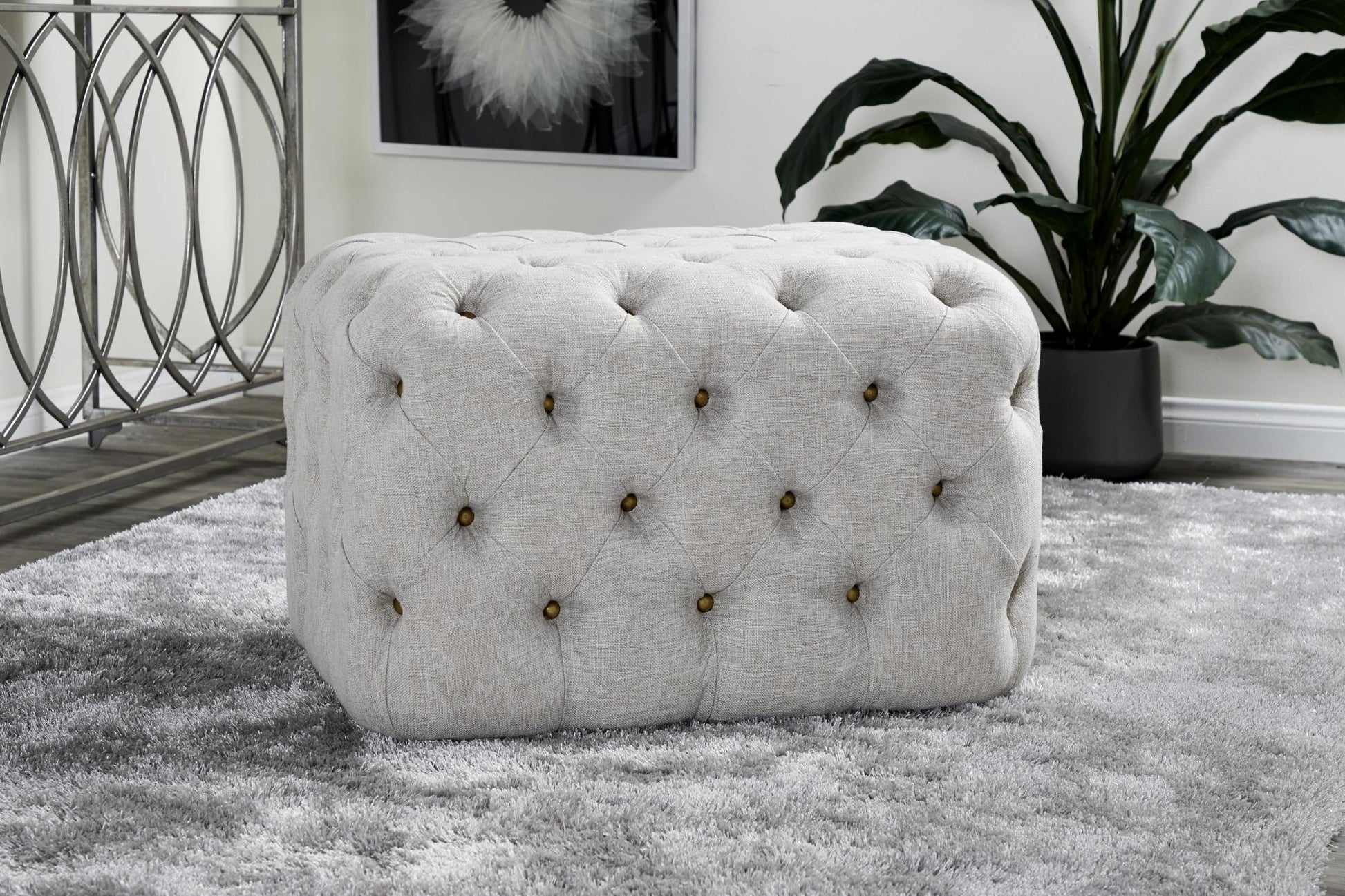 Beige Linen Fabric Tufted Room Ottoman