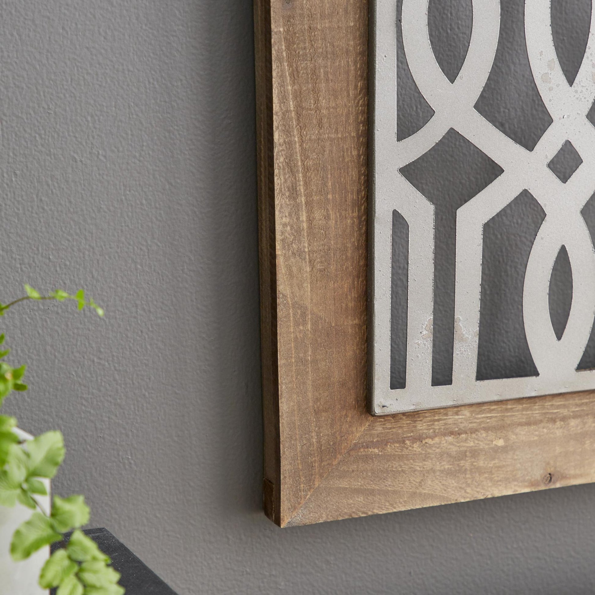 Set of 4 Geometric Brown Wood Home Wall Decor with Silver Metal Trellis Cutouts