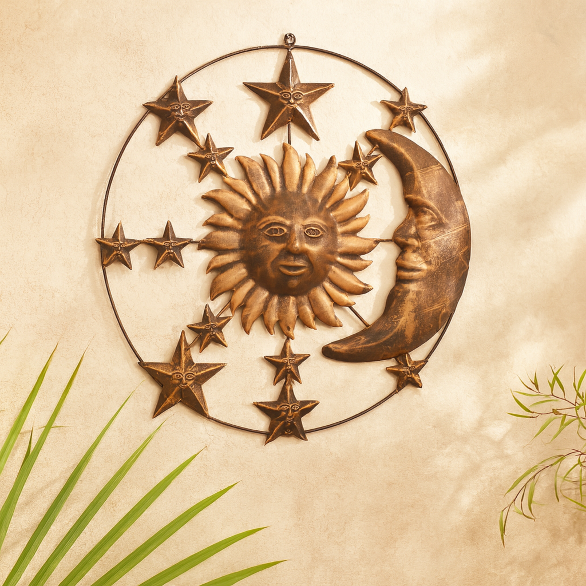 Sun and Moon Bronze Metal Indoor Outdoor Home Wall Decor with Stars