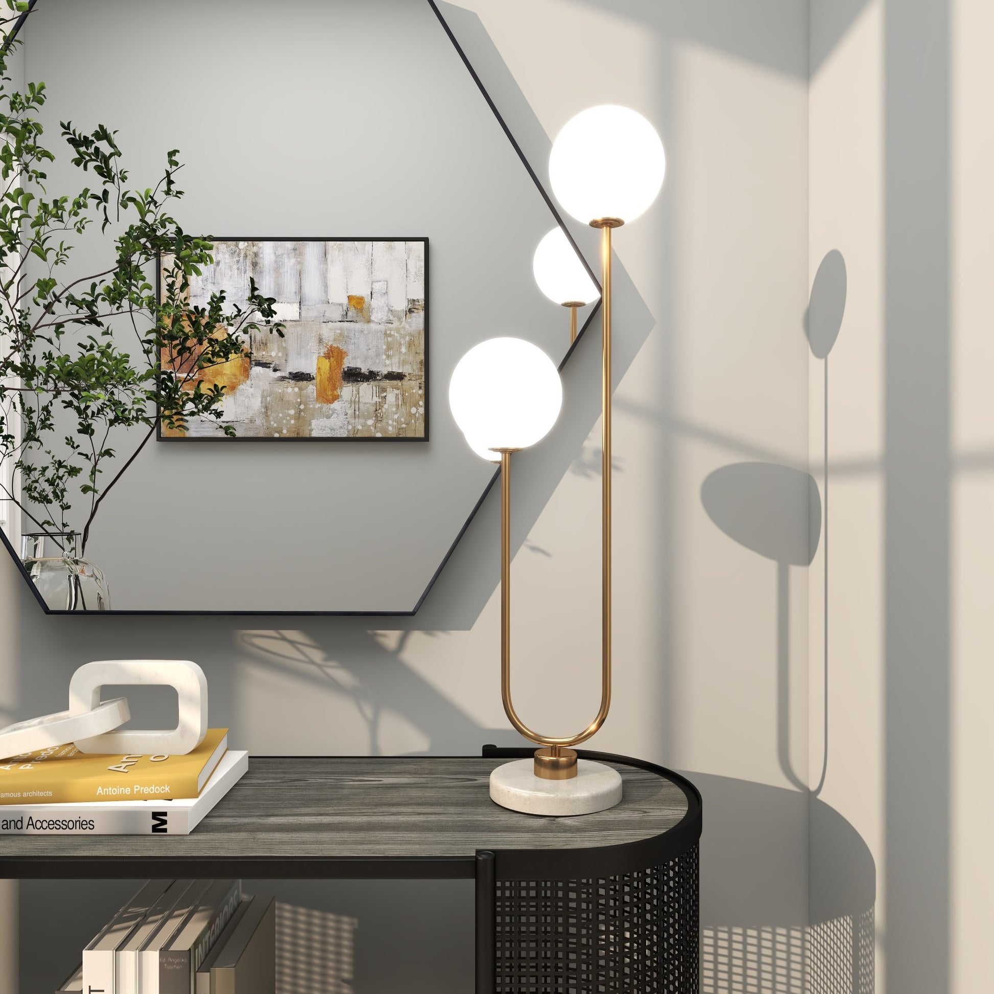 Gold Metal Curved Orb 2 Light Room Table Lamp with White Glass Shades and Marble Base