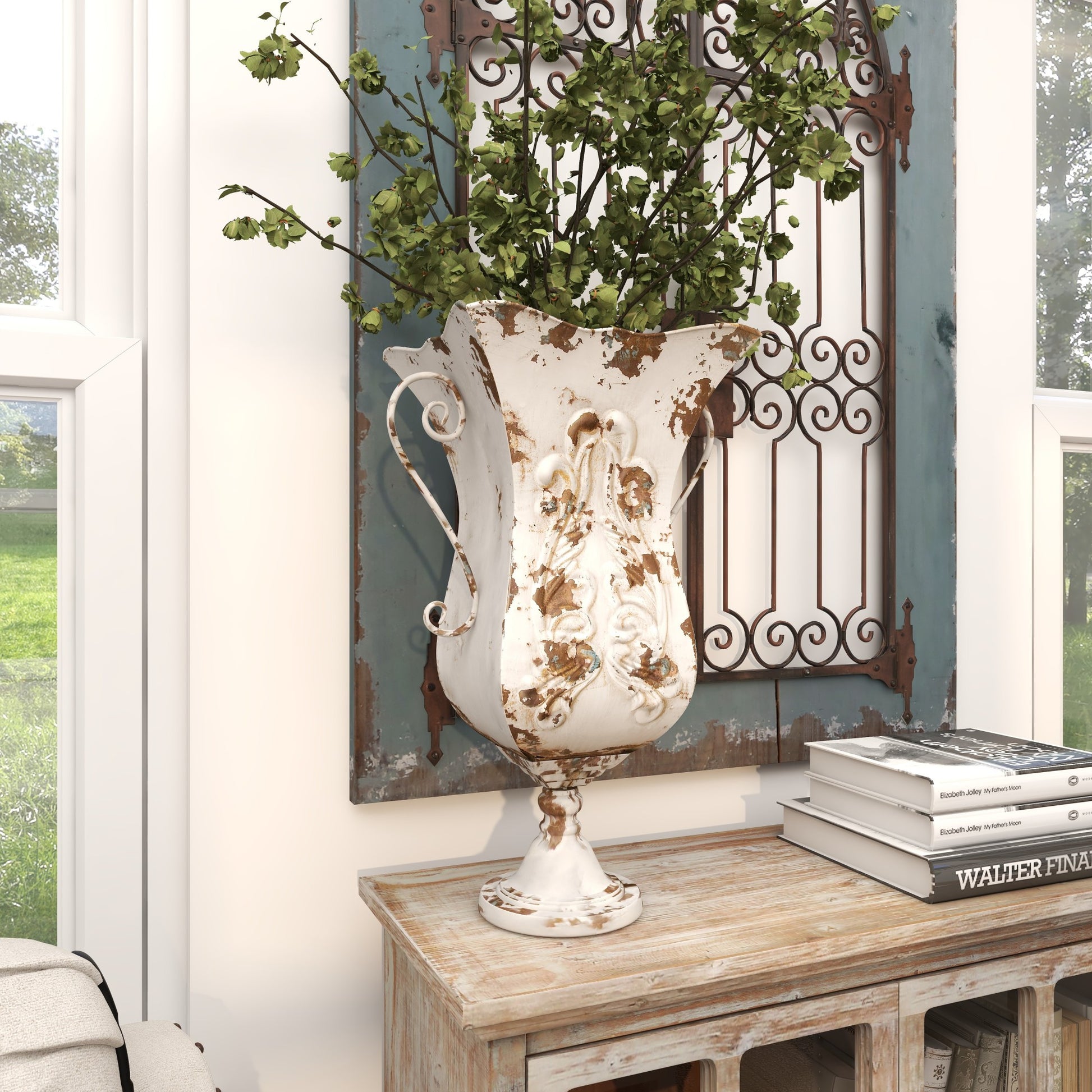 Scroll Beige Metal Distressed Decorative Vase
