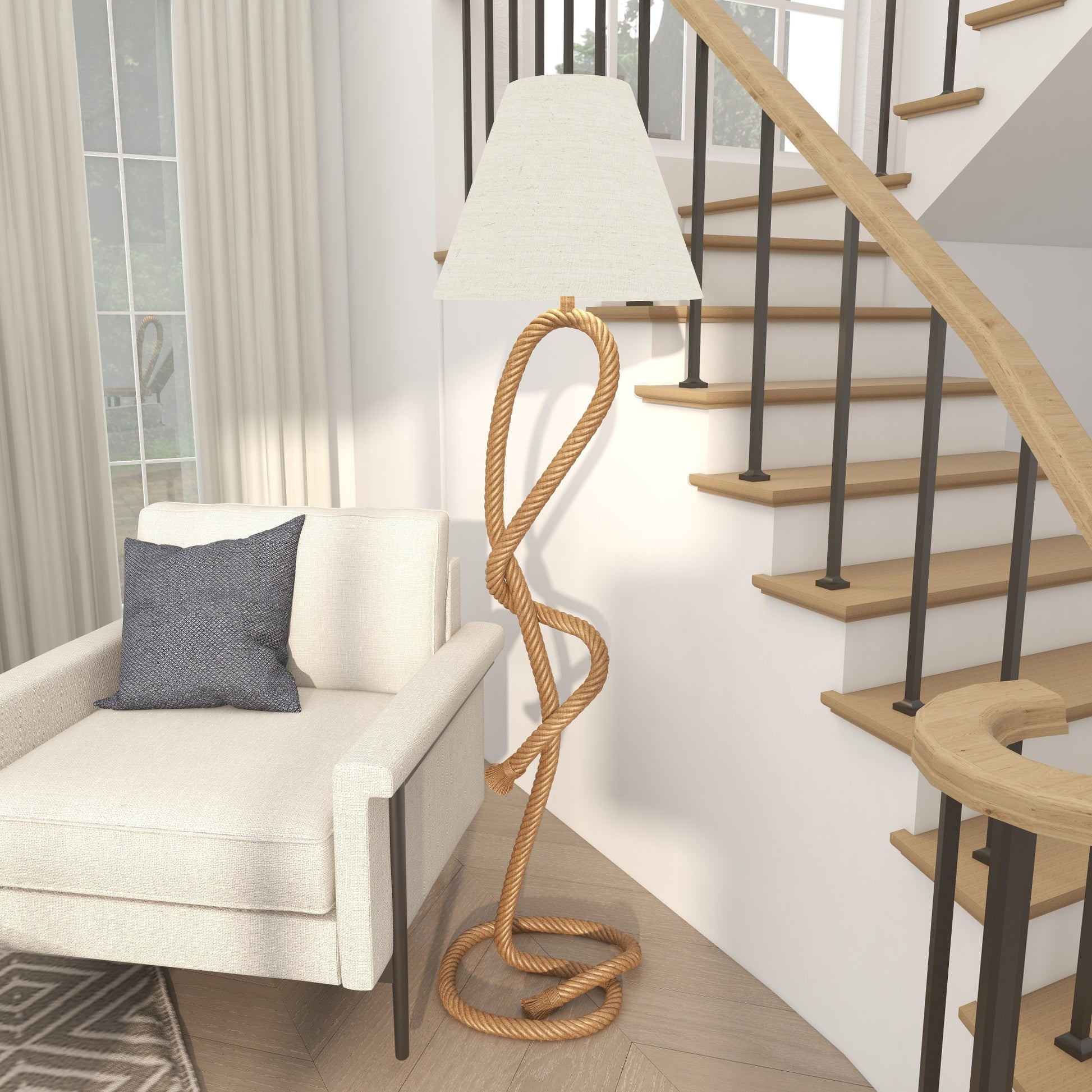 Brown Jute Rope Twisted Rope Room Floor Lamp with Cream Linen Shade