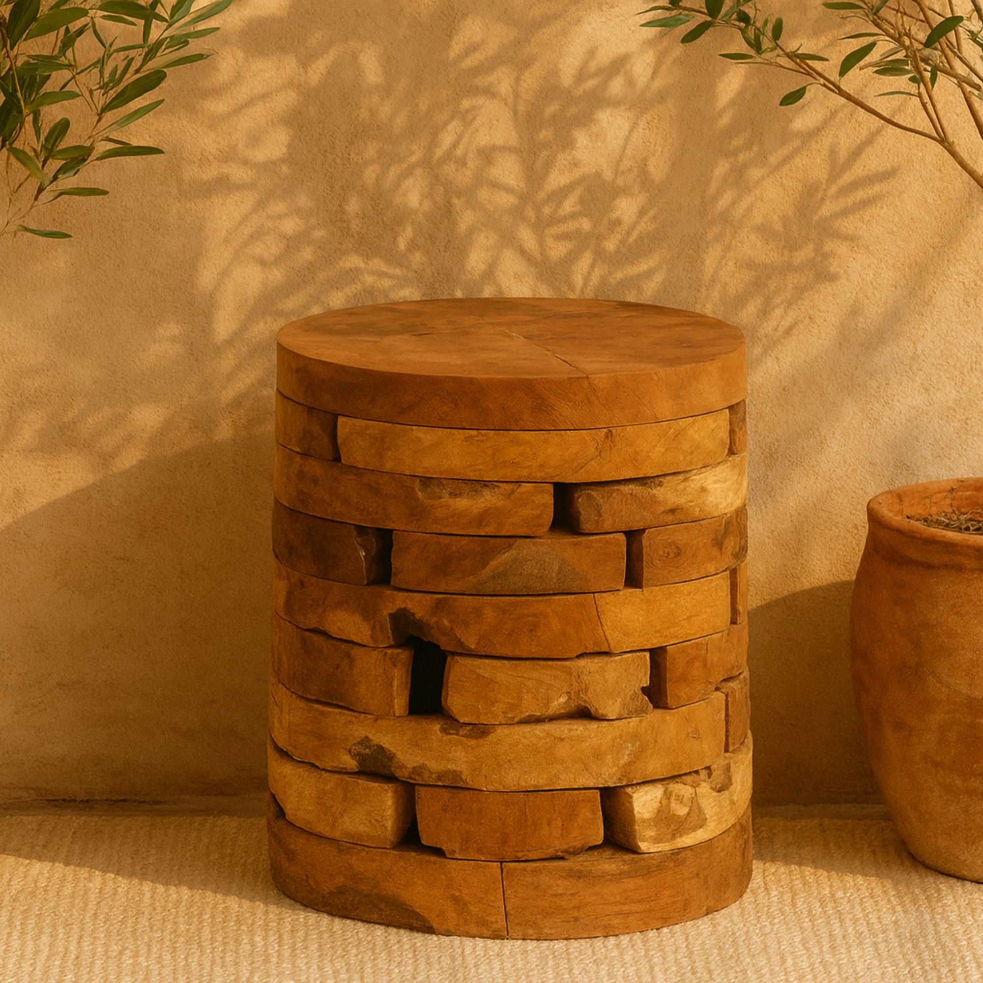 Teak Wood Handmade Live Edge Side End Accent Table with Brick Inspired Design