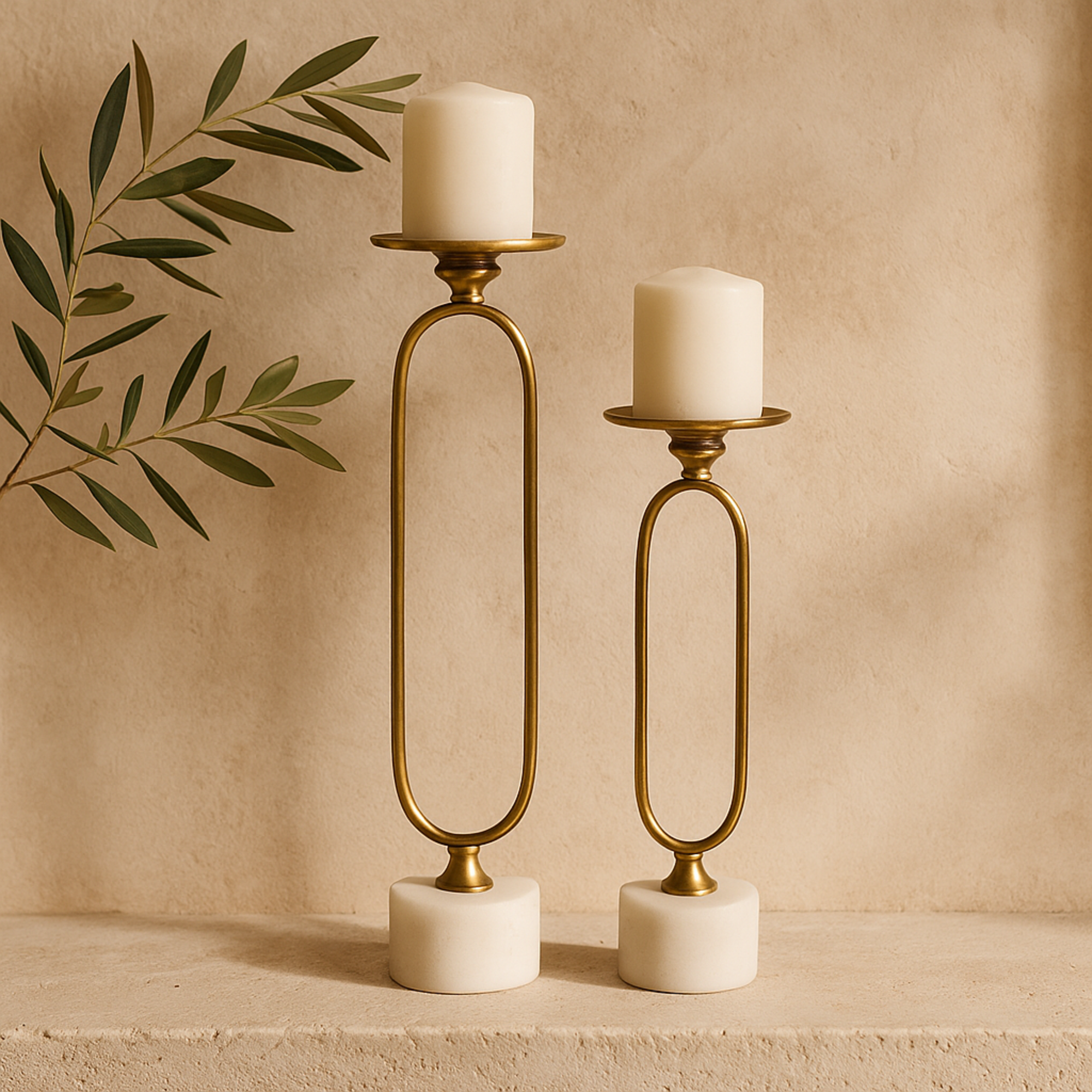 Set of 2 Aluminum Metal Paper Clip Pillar Decorative Candle Holder with Marble Base